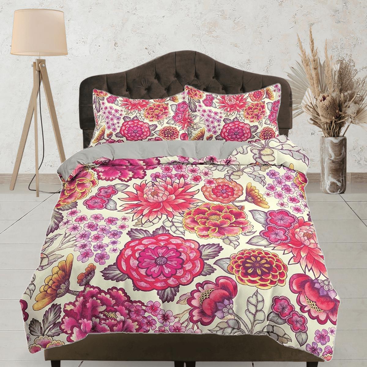 daintyduvet Pink dahlia floral duvet cover colorful bedding, teen girl bedroom, baby girl crib bedding boho maximalist bedspread aesthetic bedding