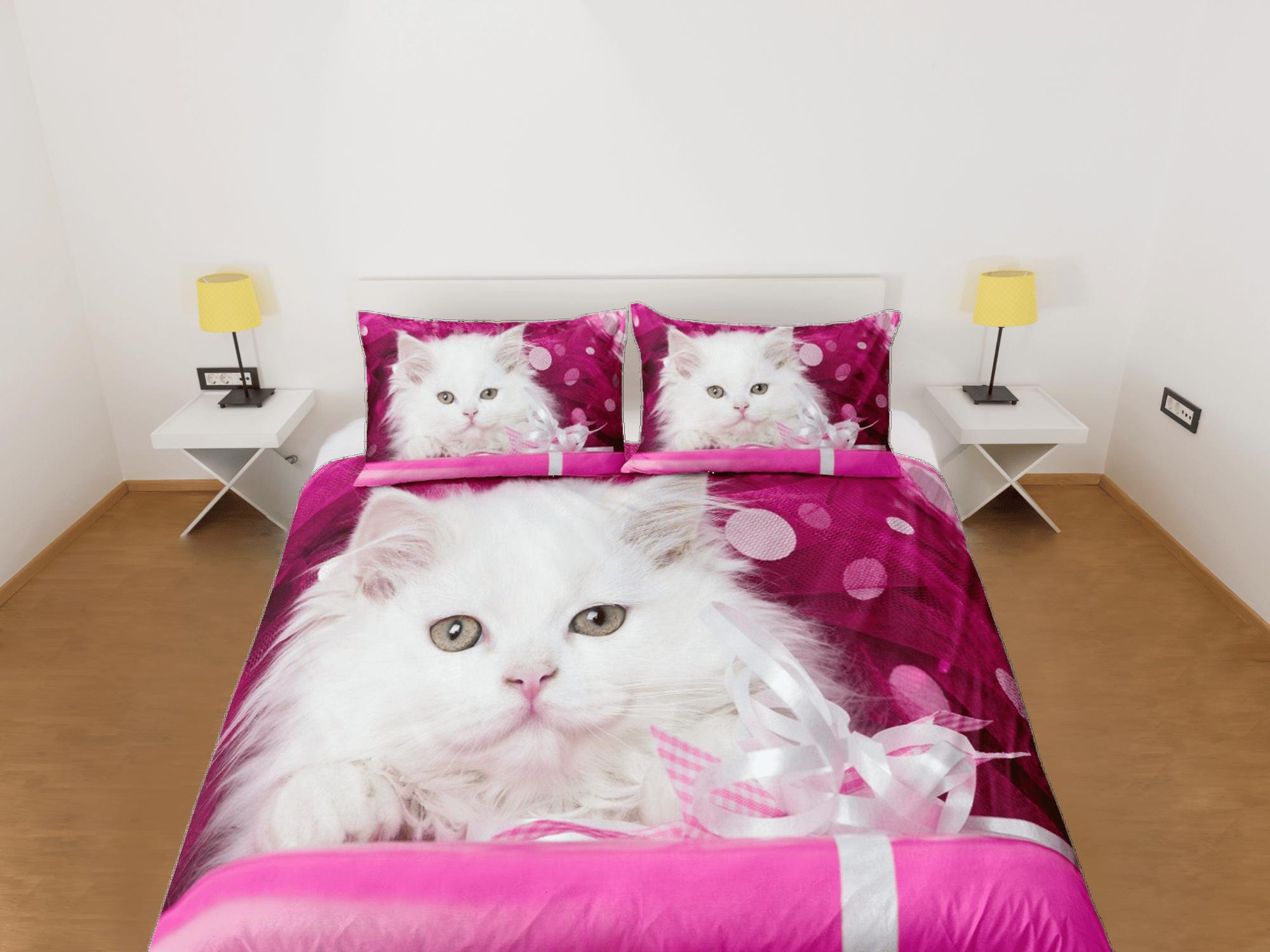 daintyduvet Pink Duvet Cover Set Cute White Cat Bedspread, Animal Dorm Bedding with Pillowcase