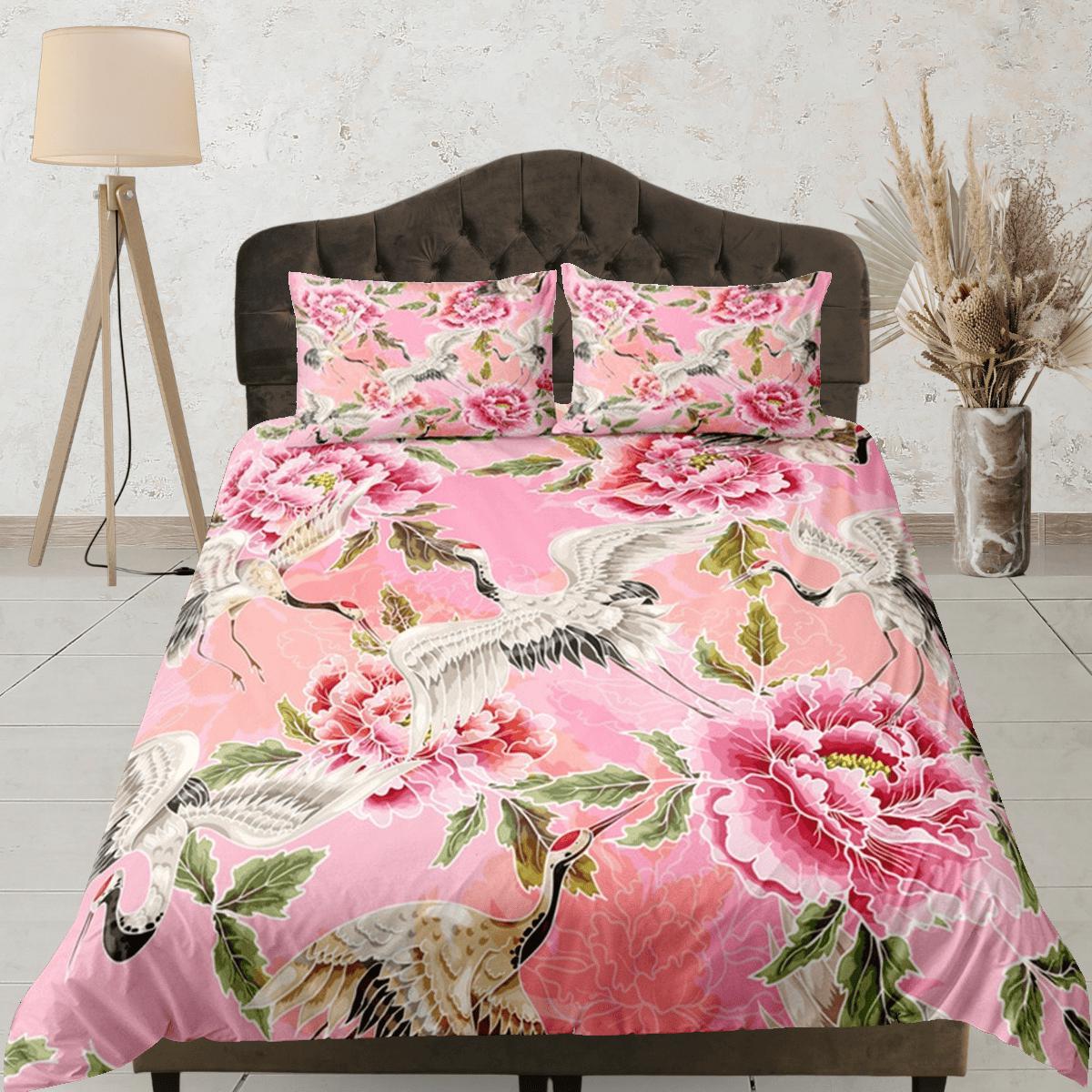 daintyduvet Pink Duvet Cover Set Floral Prints, Japanese Art Crane Bird Comforter Cover Set Pillowcase | Size King, Queen, Full, Twin & Single Bedding