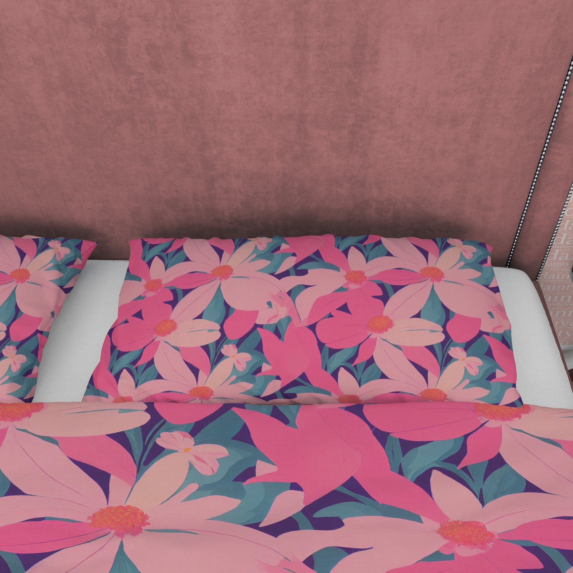 Pink Floral Boho Bedding Colorful Duvet Cover Bohemian Bedroom Set, Aesthetic Bedspread, Flower Quilt Cover, Unique Bedroom Blanket Cover