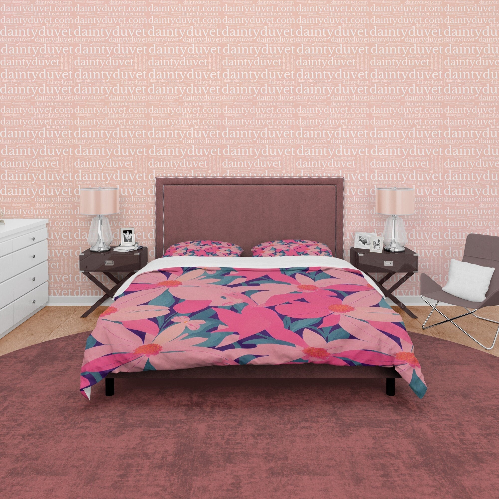 Pink Floral Boho Bedding Colorful Duvet Cover Bohemian Bedroom Set, Aesthetic Bedspread, Flower Quilt Cover, Unique Bedroom Blanket Cover