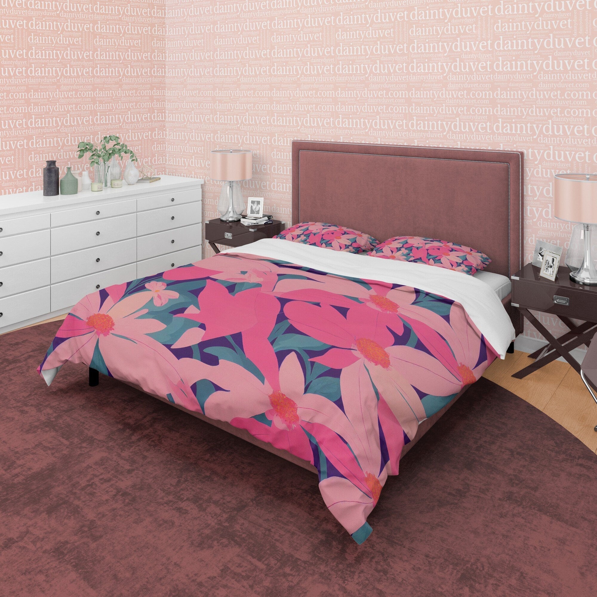 Pink Floral Boho Bedding Colorful Duvet Cover Bohemian Bedroom Set, Aesthetic Bedspread, Flower Quilt Cover, Unique Bedroom Blanket Cover