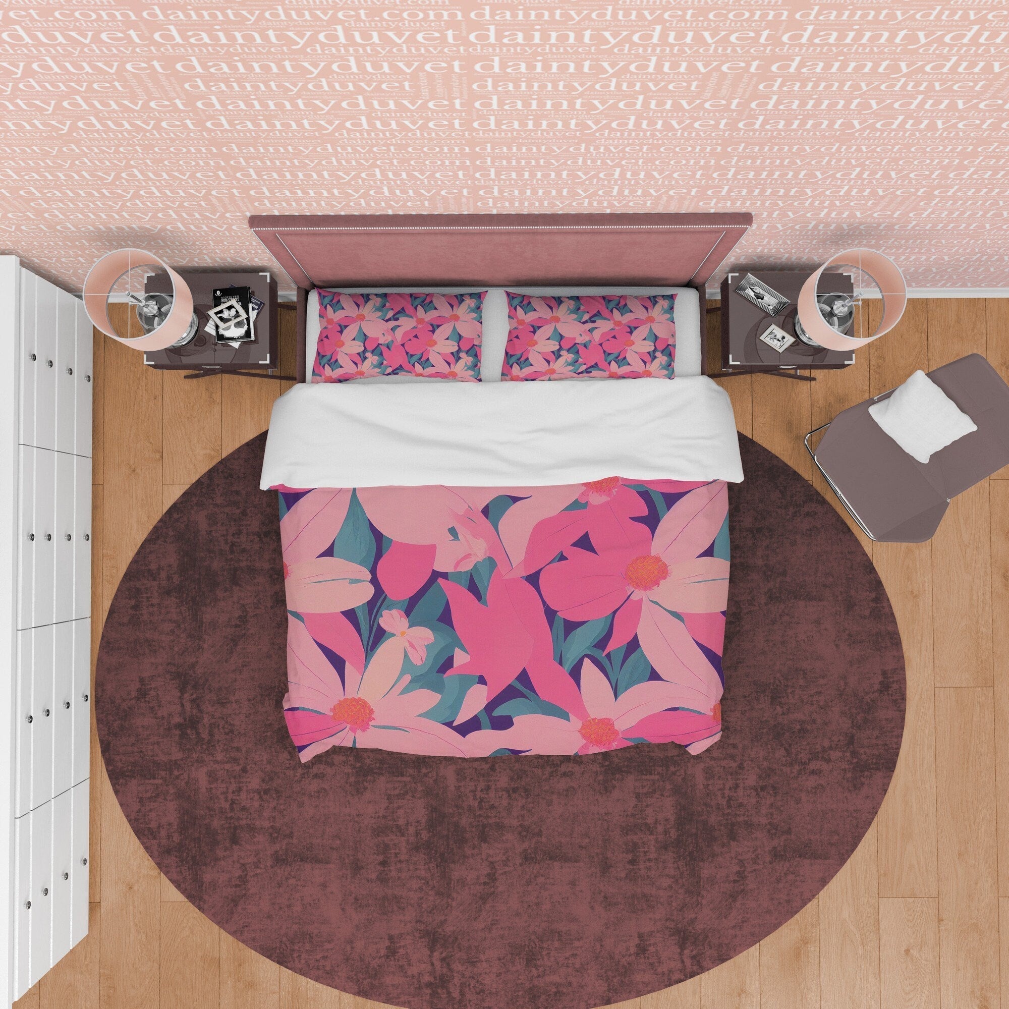 Pink Floral Boho Bedding Colorful Duvet Cover Bohemian Bedroom Set, Aesthetic Bedspread, Flower Quilt Cover, Unique Bedroom Blanket Cover