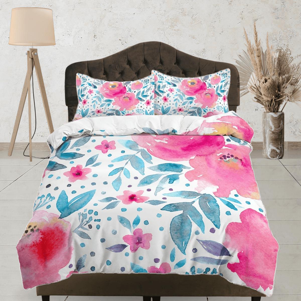 daintyduvet Pink floral painted duvet cover colorful bedding, teen girl bedroom, baby girl crib bedding boho maximalist bedspread aesthetic bedding