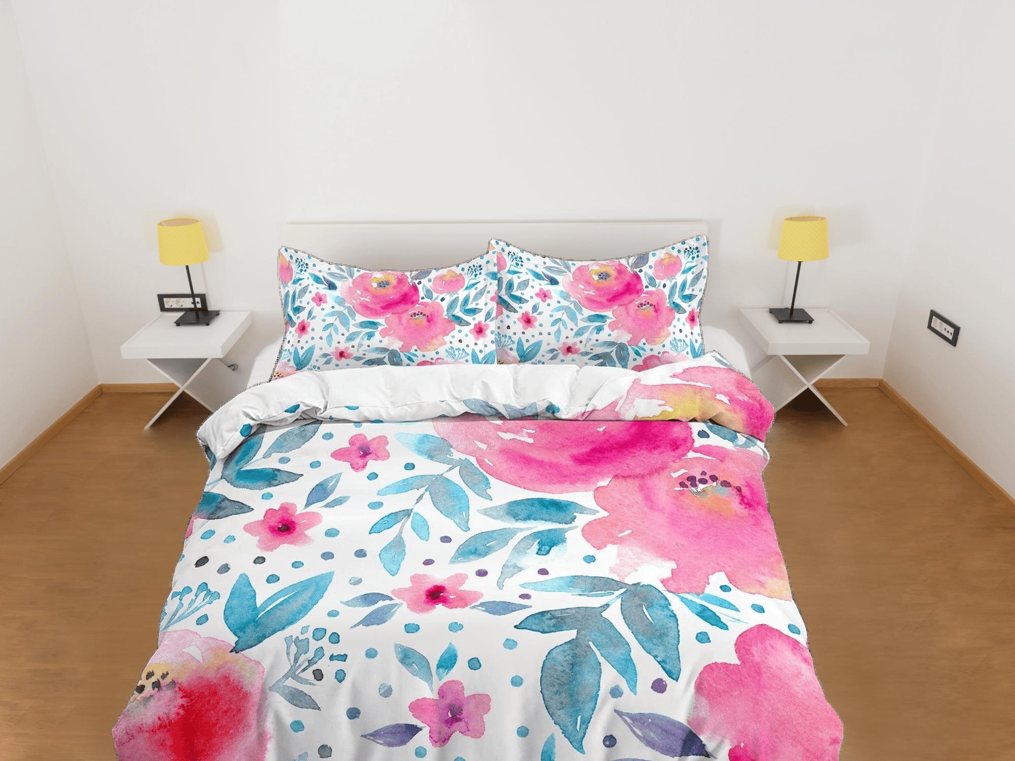 daintyduvet Pink floral painted duvet cover colorful bedding, teen girl bedroom, baby girl crib bedding boho maximalist bedspread aesthetic bedding