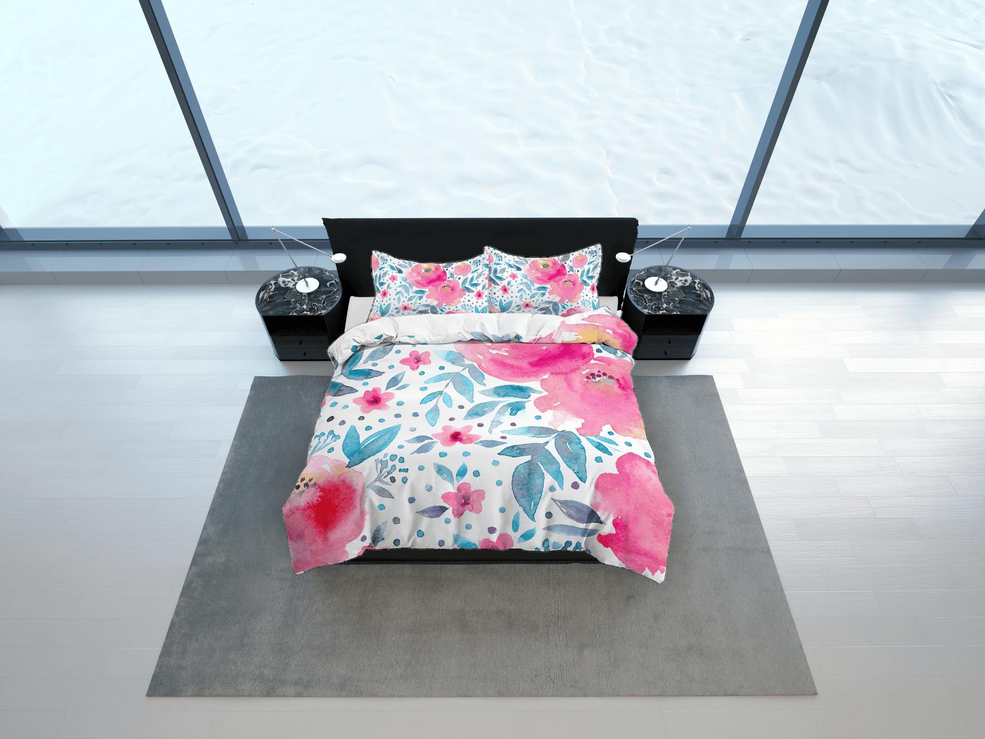 daintyduvet Pink floral painted duvet cover colorful bedding, teen girl bedroom, baby girl crib bedding boho maximalist bedspread aesthetic bedding