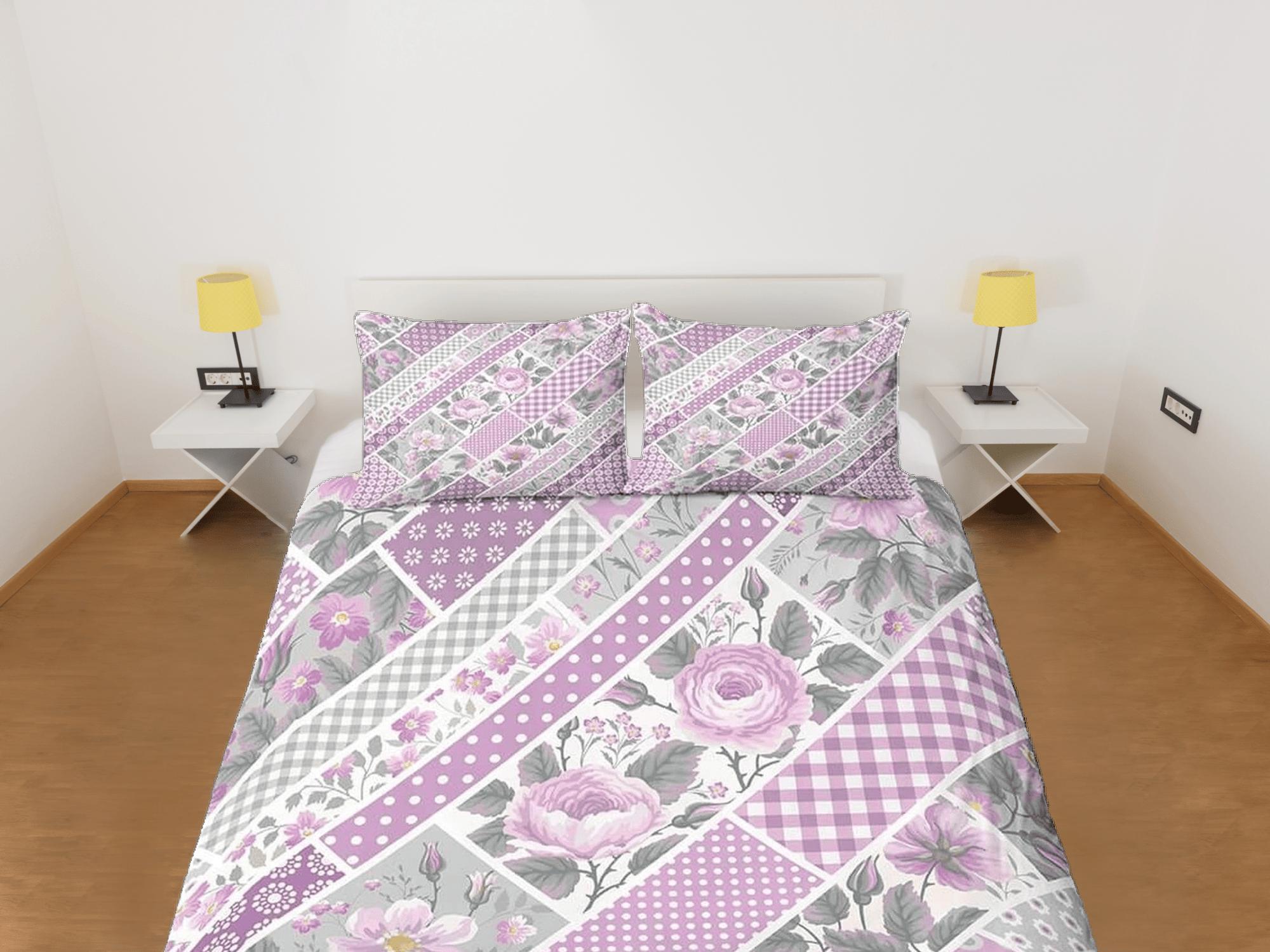 daintyduvet Pink floral patchwork quilt printed duvet cover set, aesthetic room decor bedding set full, king, queen size, boho bedspread shabby chic