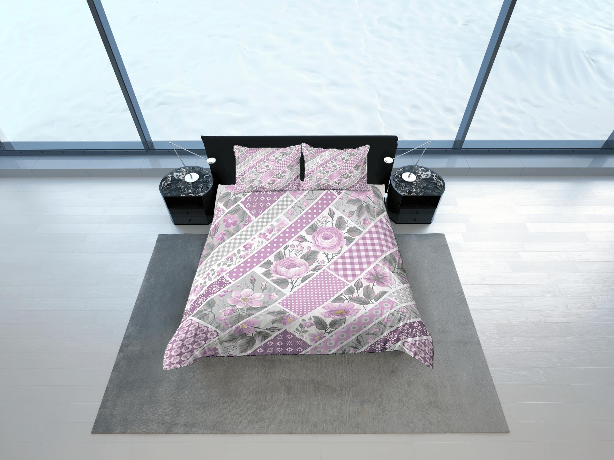 daintyduvet Pink floral patchwork quilt printed duvet cover set, aesthetic room decor bedding set full, king, queen size, boho bedspread shabby chic