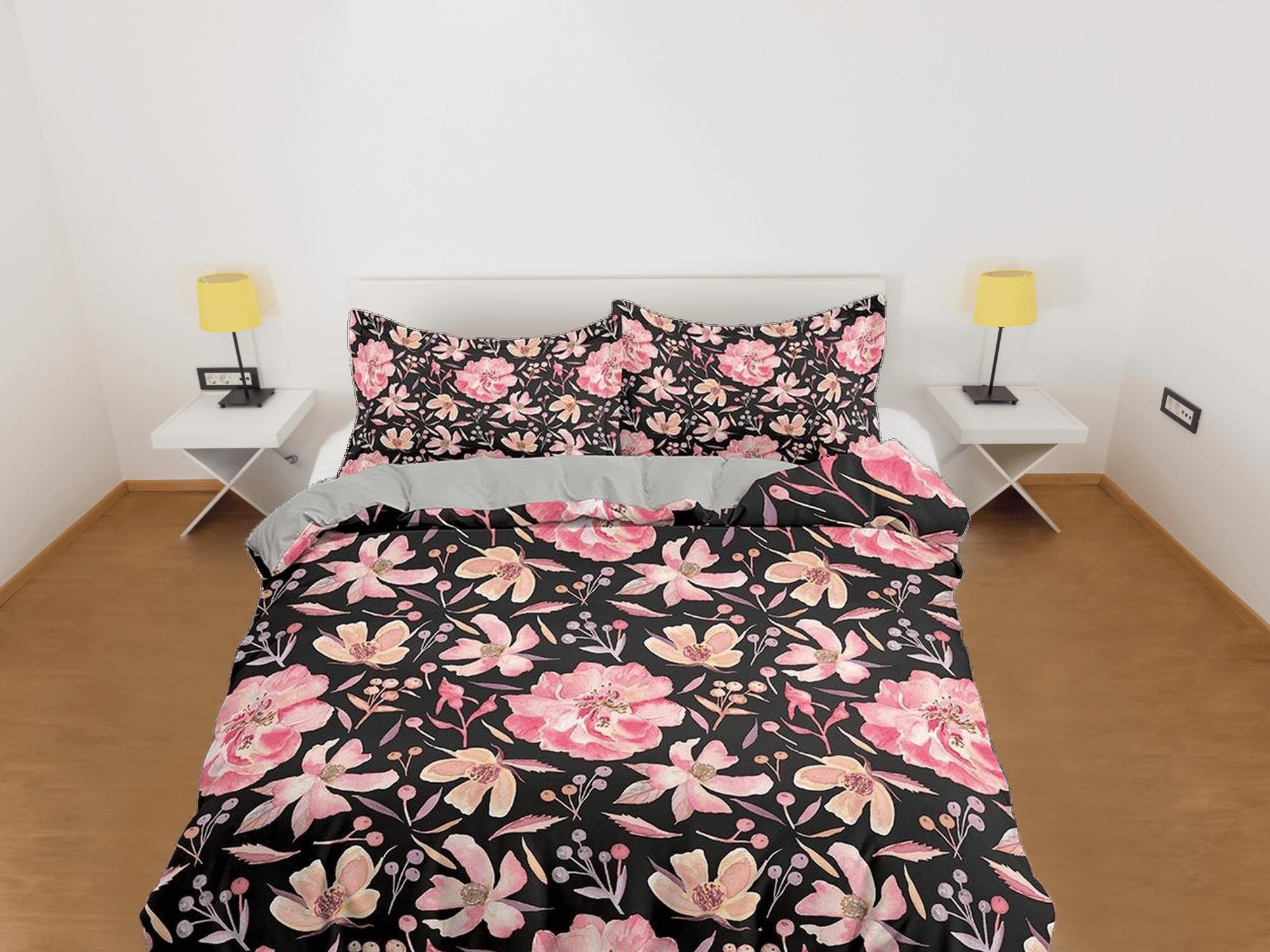 daintyduvet Pink floral prints in black bedding, luxury duvet cover queen, king, boho duvet designer, aesthetic bedding, maximalist full size bedding