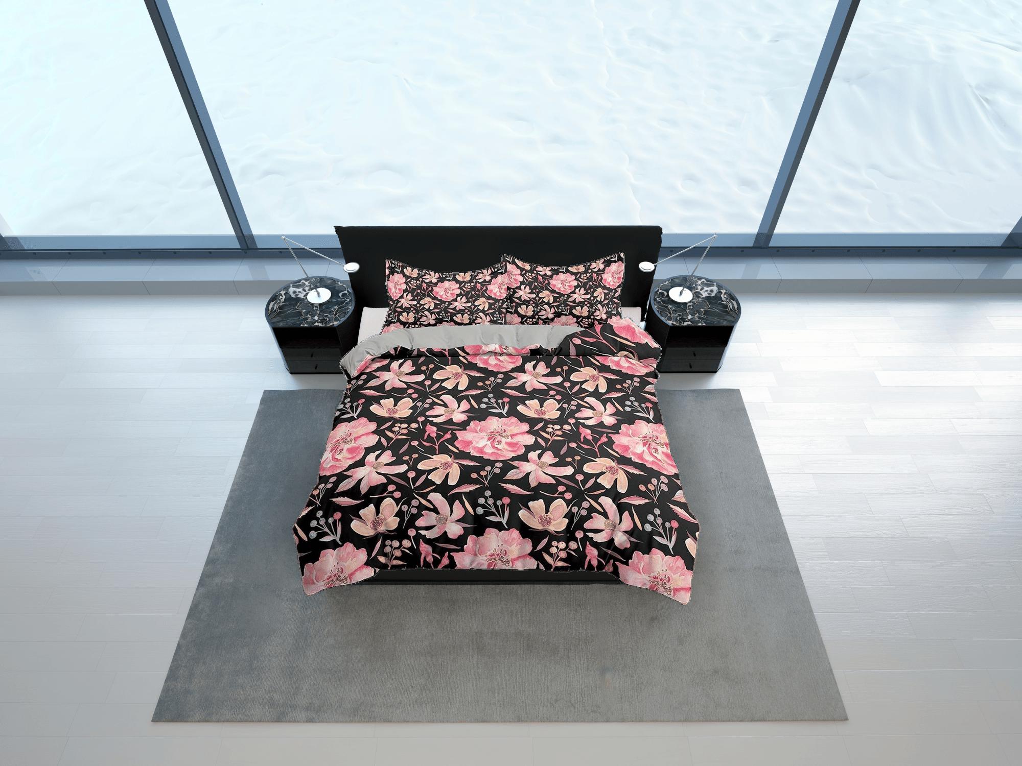 daintyduvet Pink floral prints in black bedding, luxury duvet cover queen, king, boho duvet designer, aesthetic bedding, maximalist full size bedding