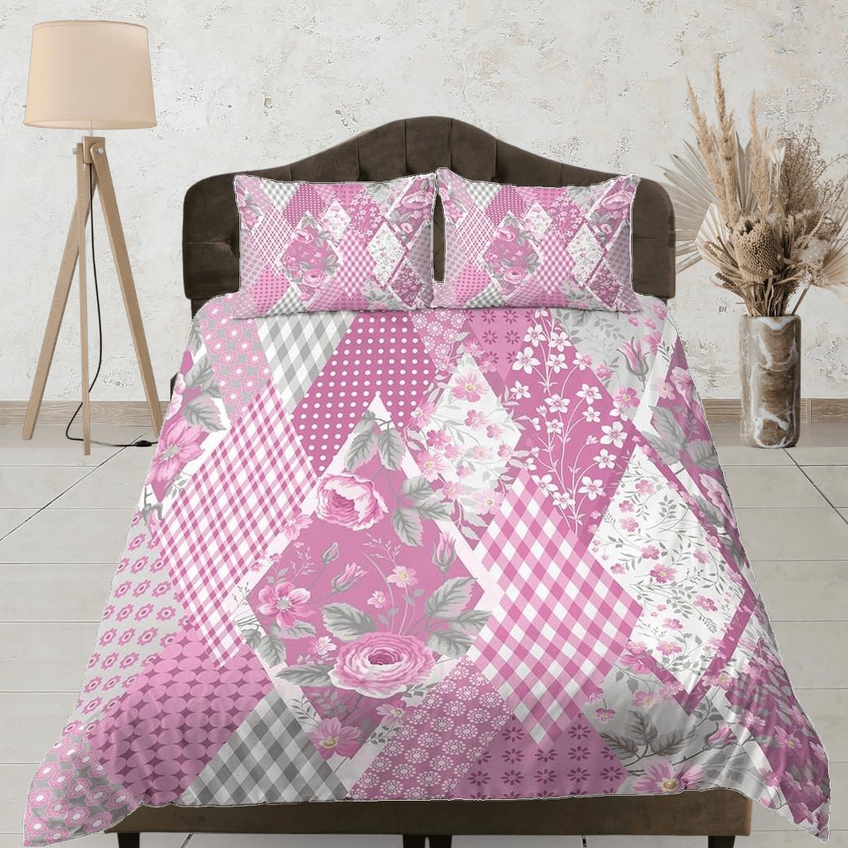 daintyduvet Pink floral shabby chic patchwork quilt printed duvet cover set, aesthetic room decor bedding set full, king, queen size, boho bedspread