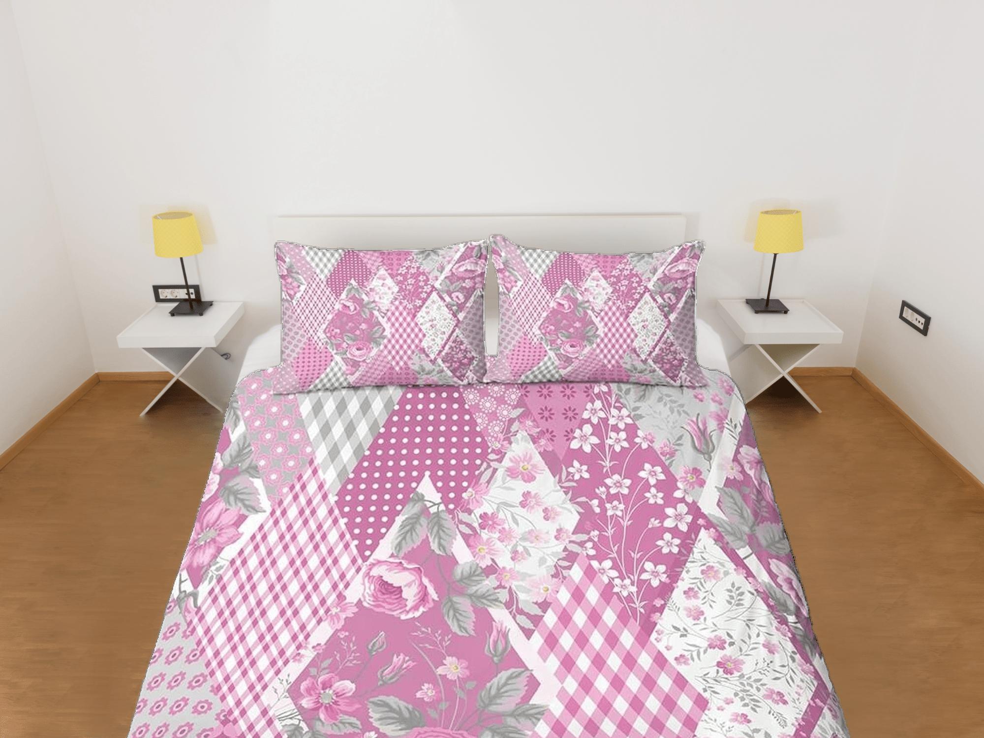 daintyduvet Pink floral shabby chic patchwork quilt printed duvet cover set, aesthetic room decor bedding set full, king, queen size, boho bedspread