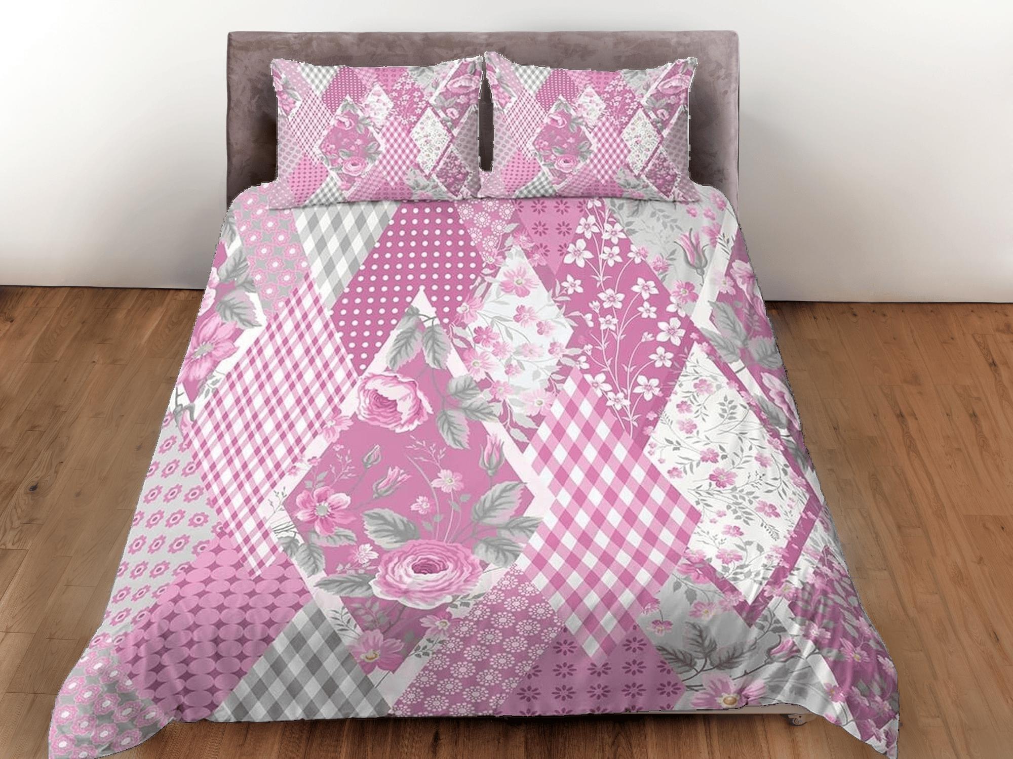 daintyduvet Pink floral shabby chic patchwork quilt printed duvet cover set, aesthetic room decor bedding set full, king, queen size, boho bedspread