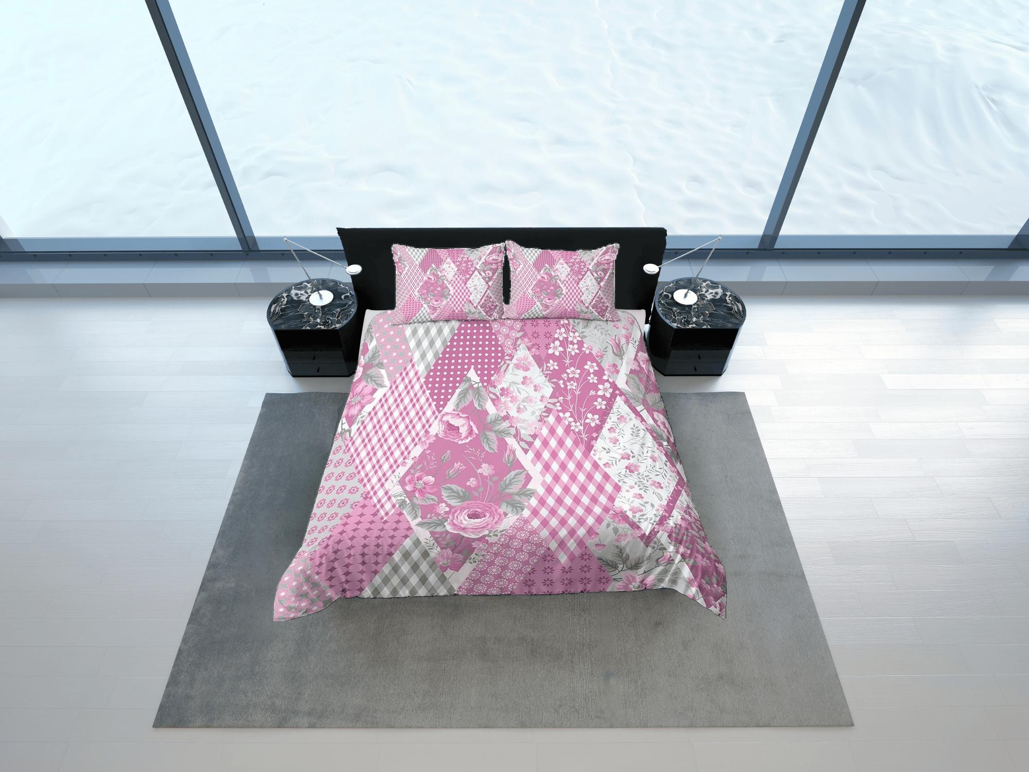 daintyduvet Pink floral shabby chic patchwork quilt printed duvet cover set, aesthetic room decor bedding set full, king, queen size, boho bedspread