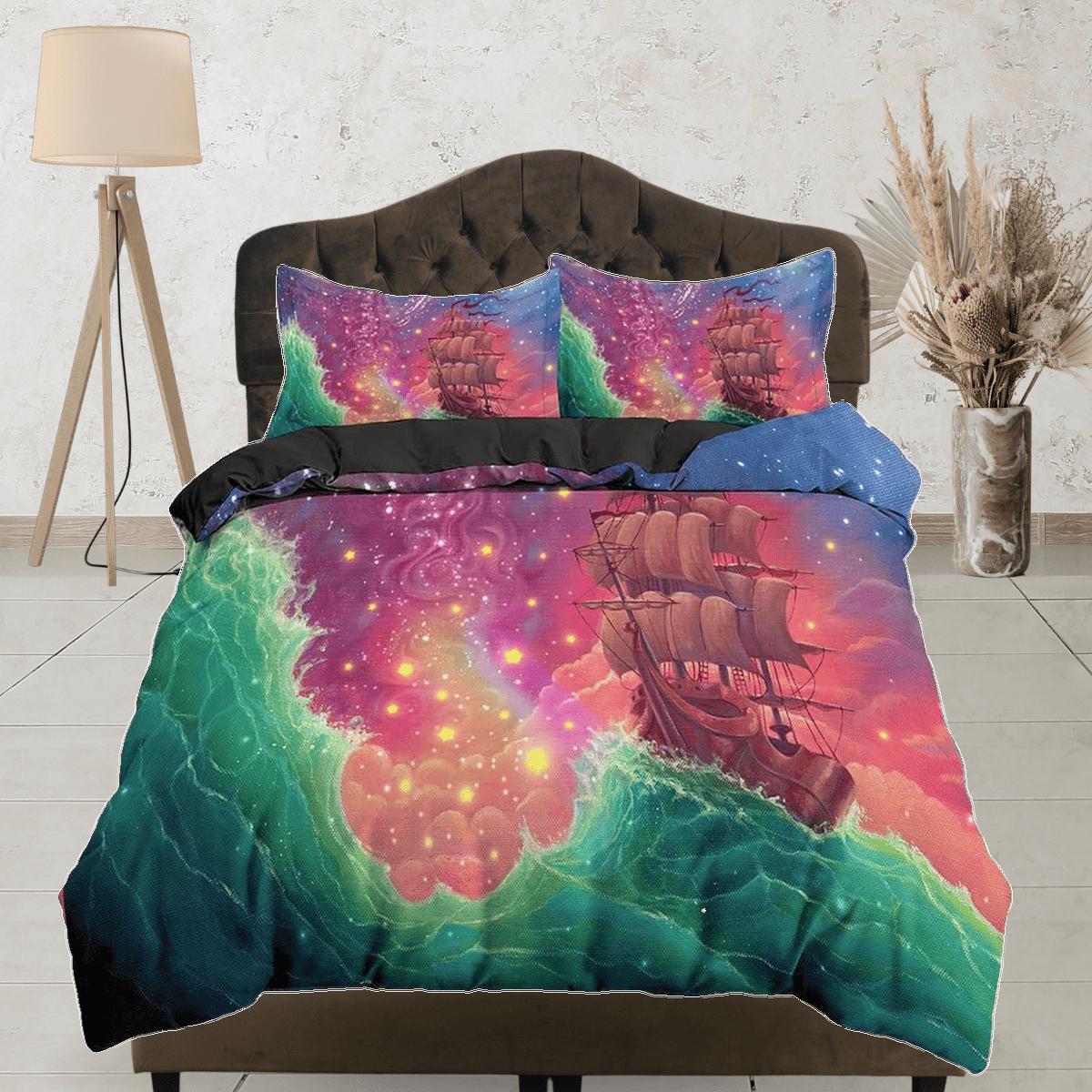 daintyduvet Pink galaxy bedding with viking ship, space bedding set full, cosmic duvet cover king, queen, dorm bedding, toddler bedding aesthetic duvet