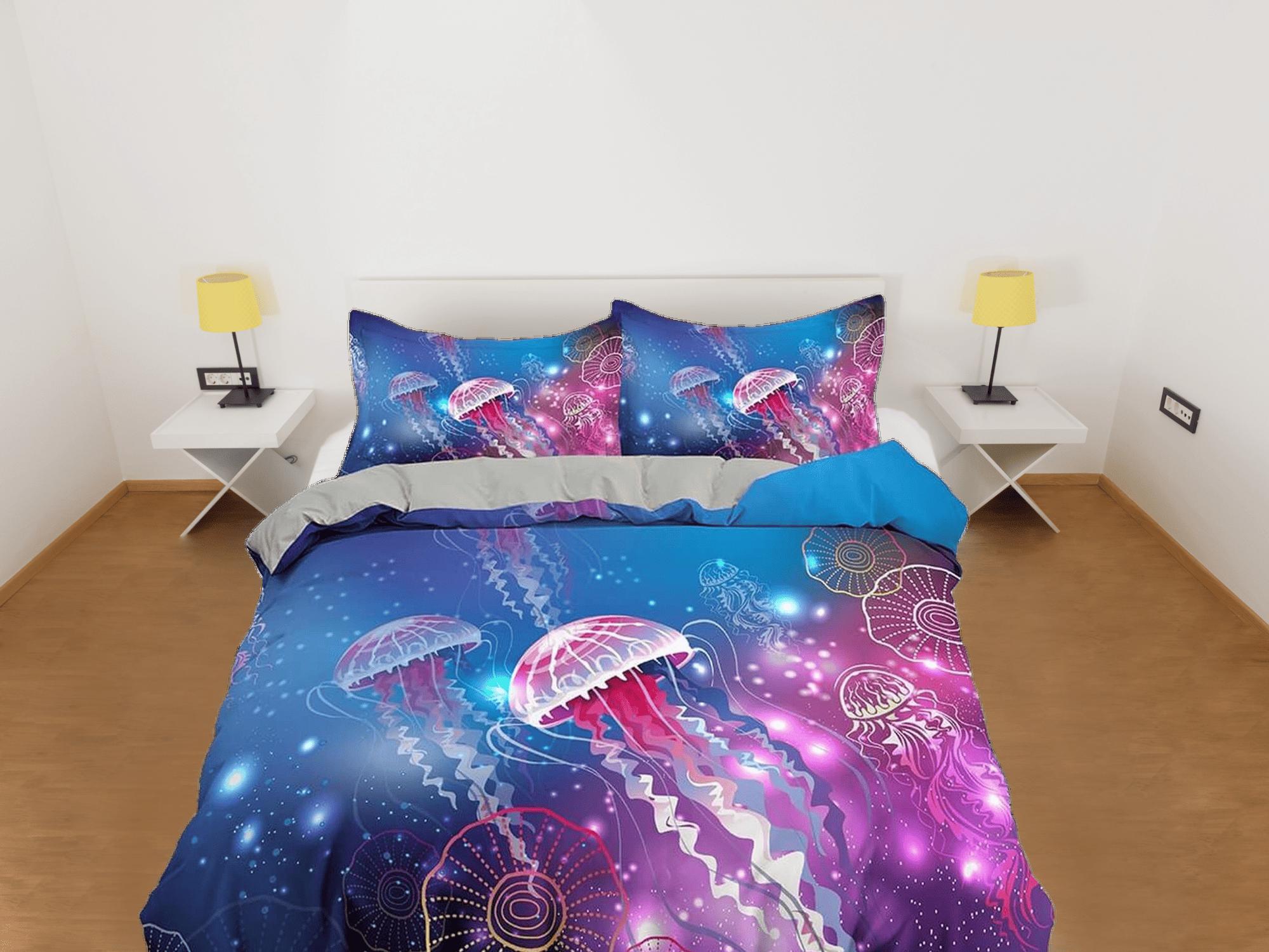 daintyduvet Pink glowing jellyfish bedding colorful duvet cover, ocean blush sea animal bedding set full king queen twin crib toddler, dorm bedding gift