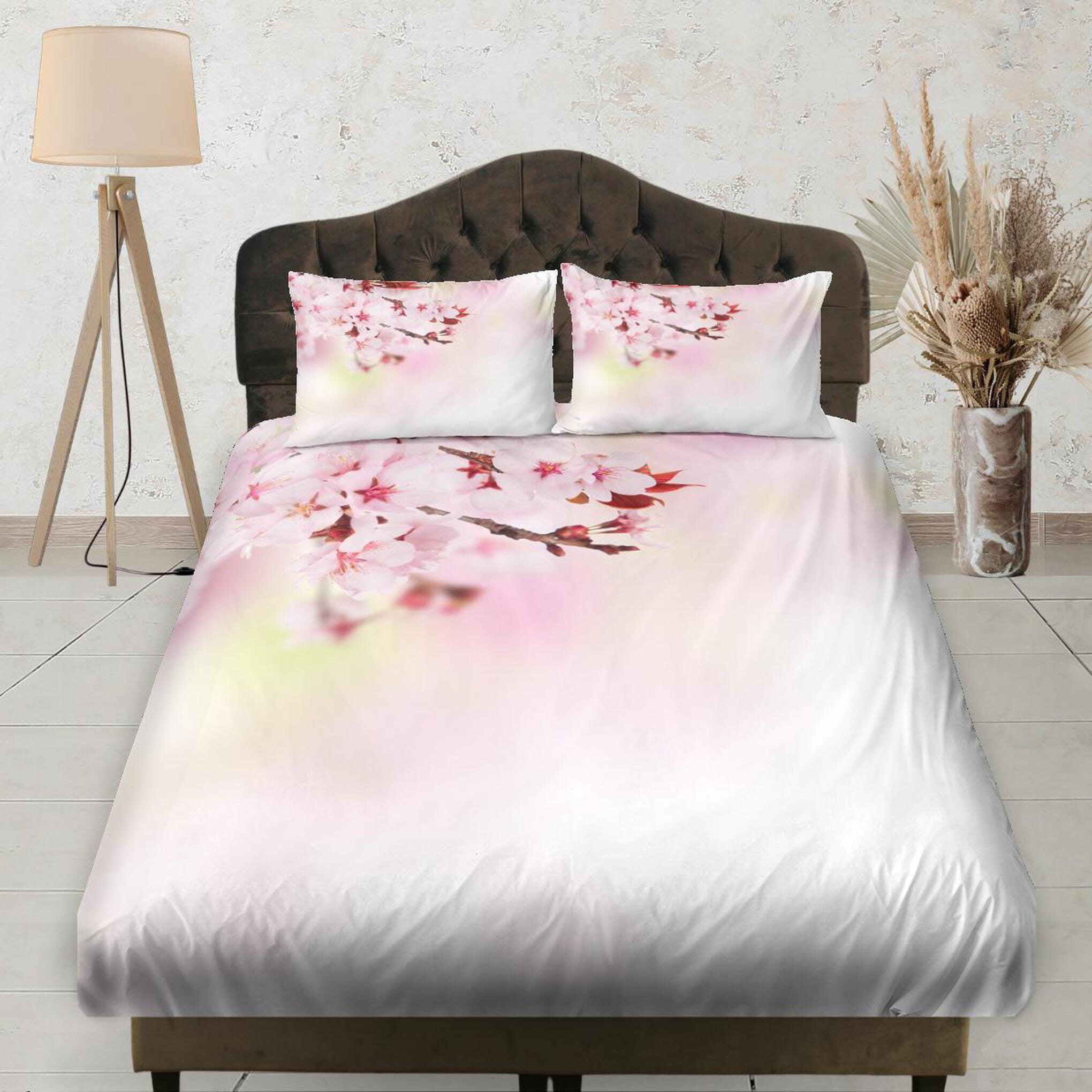 daintyduvet Pink Gradient Cherry Blossoms Fitted Sheet, Deep Pocket, Floral Prints, Aesthetic Bedding Set, Dorm Bedding, Crib Sheet, Shabby Chic Bedding