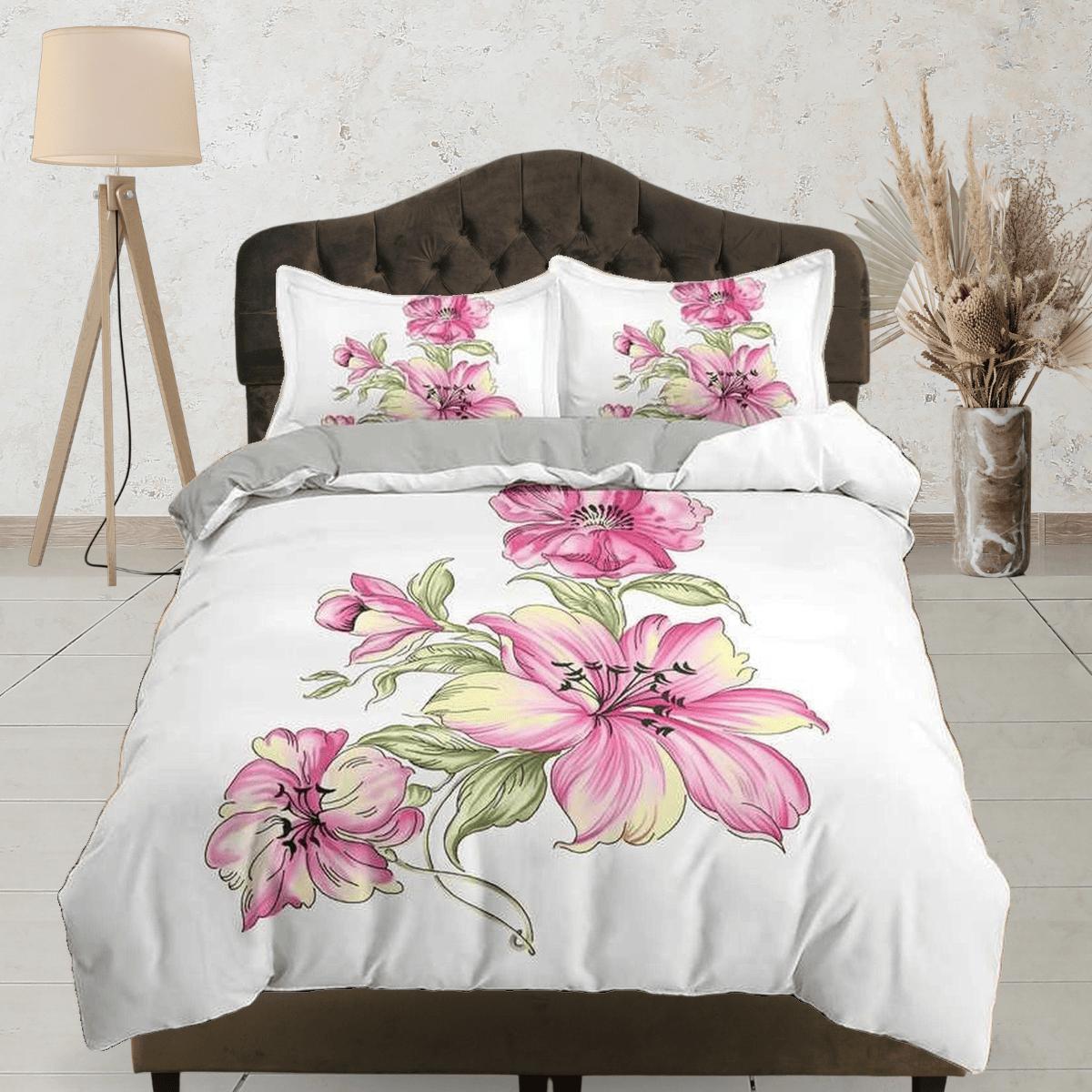 daintyduvet Pink lily floral duvet cover colorful bedding, teen girl bedroom, baby girl crib bedding boho maximalist bedspread aesthetic bedding