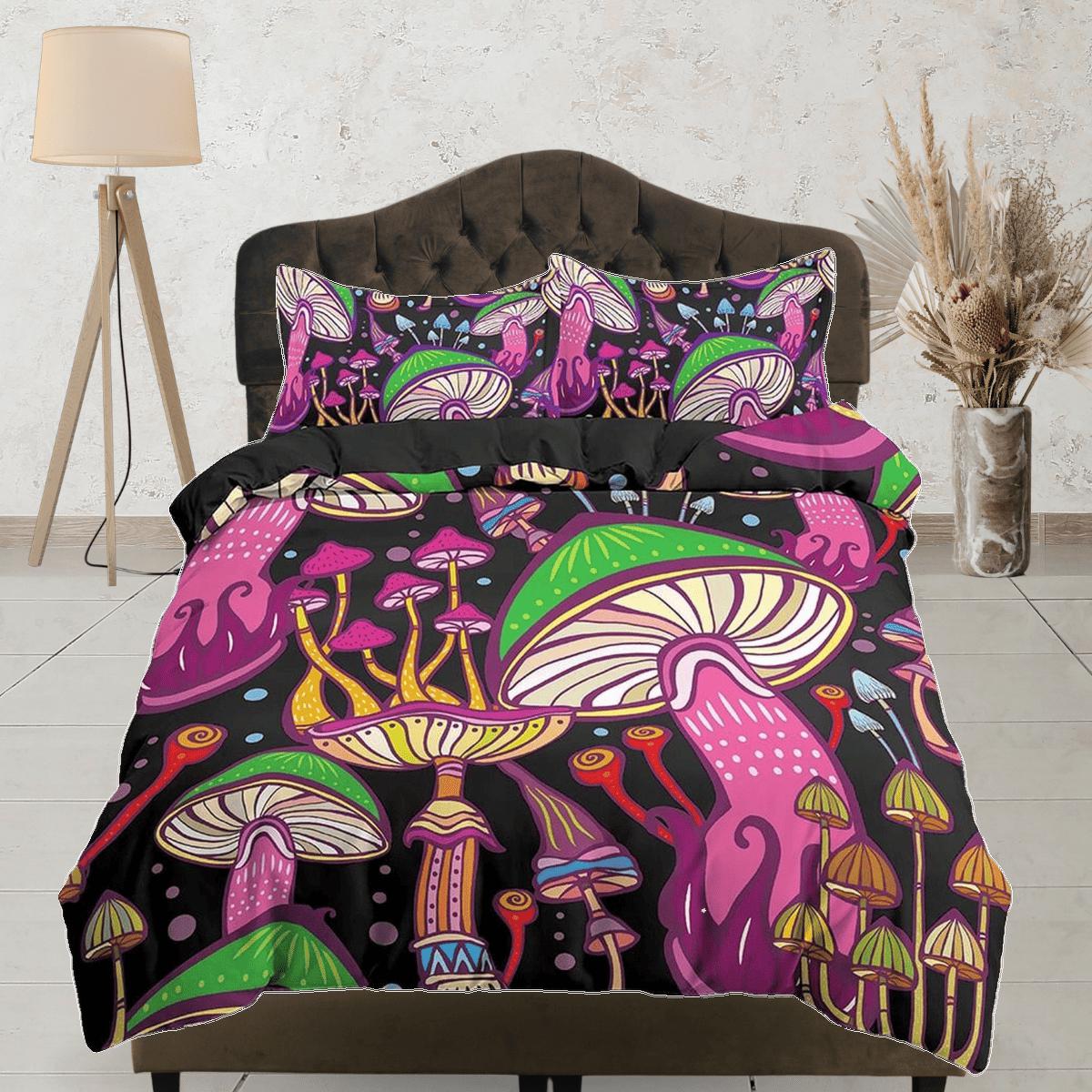 daintyduvet Pink mushrooms black duvet cover hippie bedding set full, queen, king, preppy dorm bedding, indie room decor, aesthetic bedspread y2k