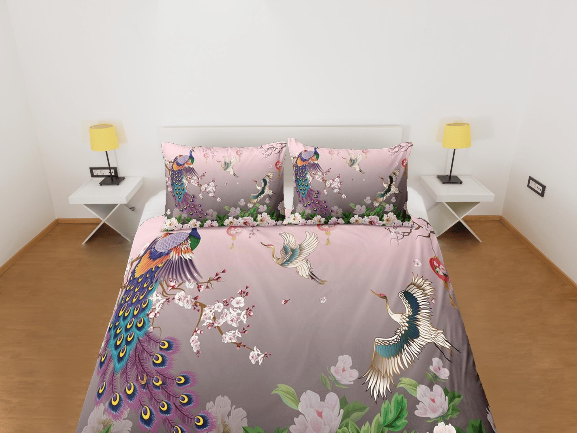 daintyduvet Pink peacock aesthetic bedding set full, crane bird, floral prints, luxury duvet cover queen, king, boho duvet, designer bedding, maximalist
