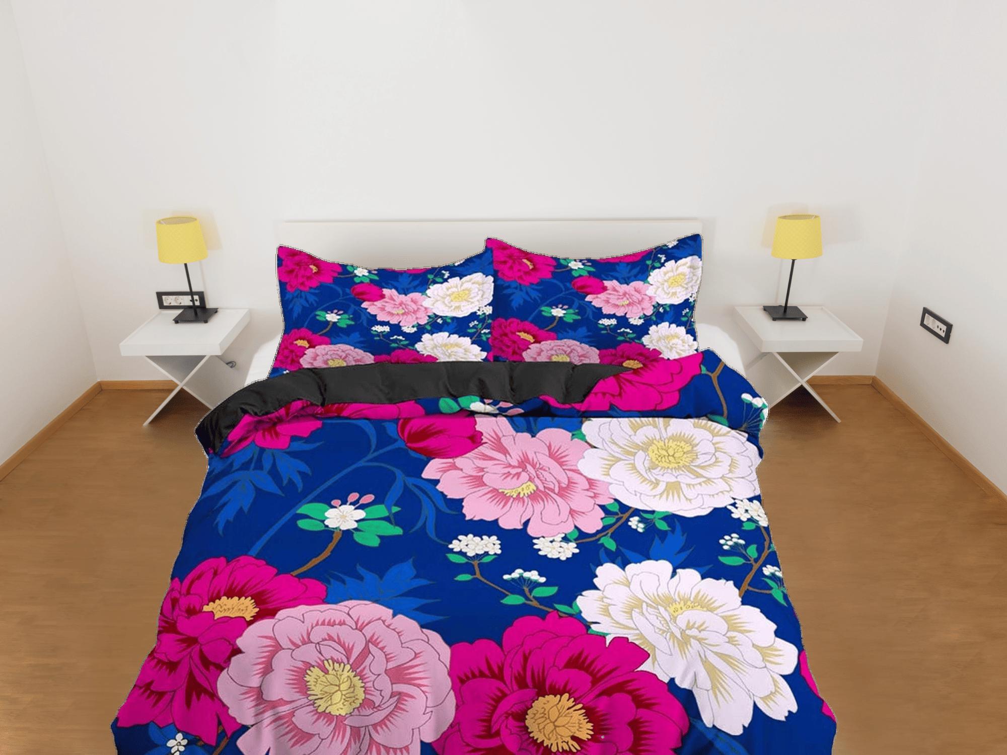 daintyduvet Pink peony floral bedding blue, luxury duvet cover queen, king, boho duvet, designer bedding, aesthetic bedding, maximalist decor bedding