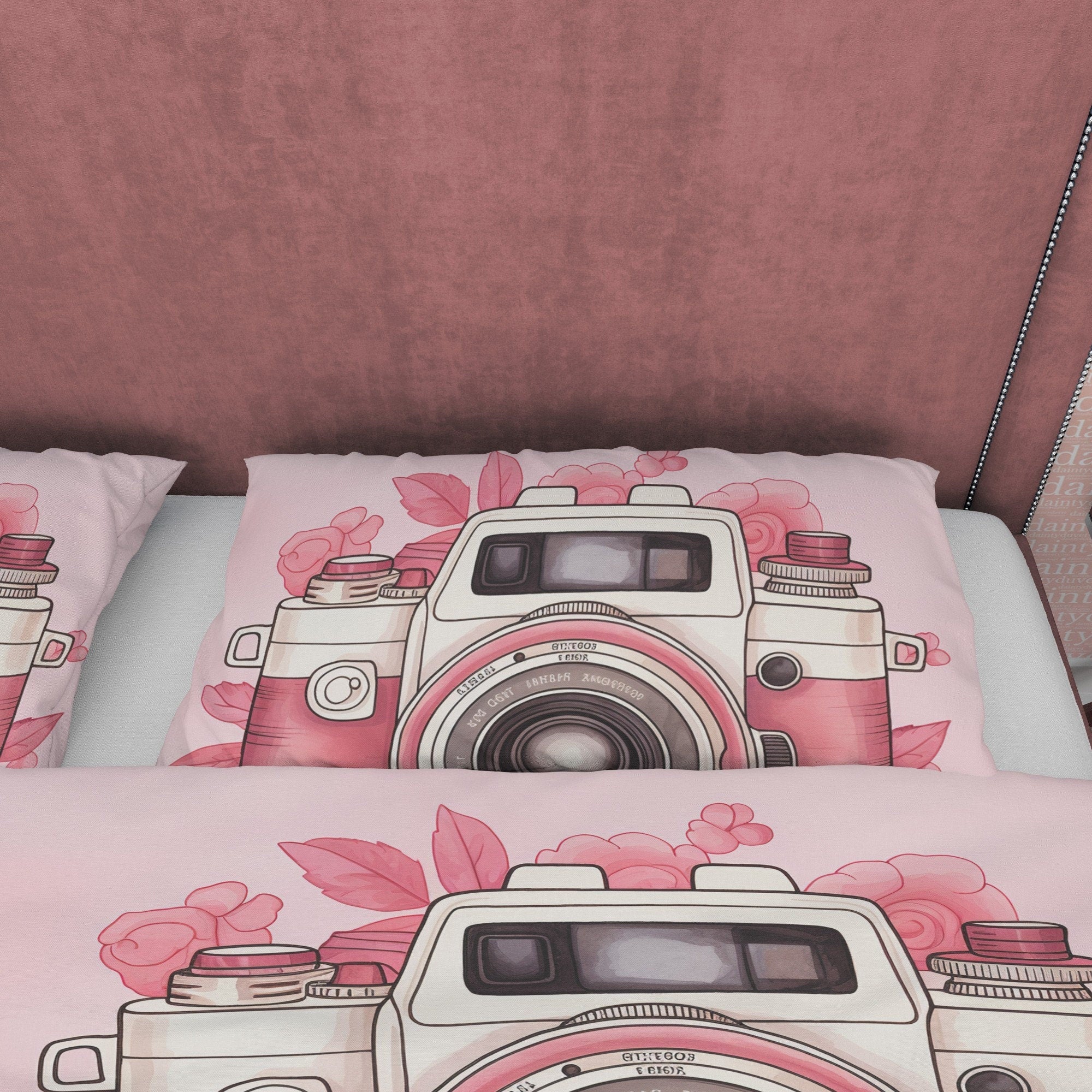 Pink Photography Pattern Duvet Cover, Girl Cute Bedroom Quilt Cover, Girly Photo Lover Bedding, Female Photographer Blanket Cover