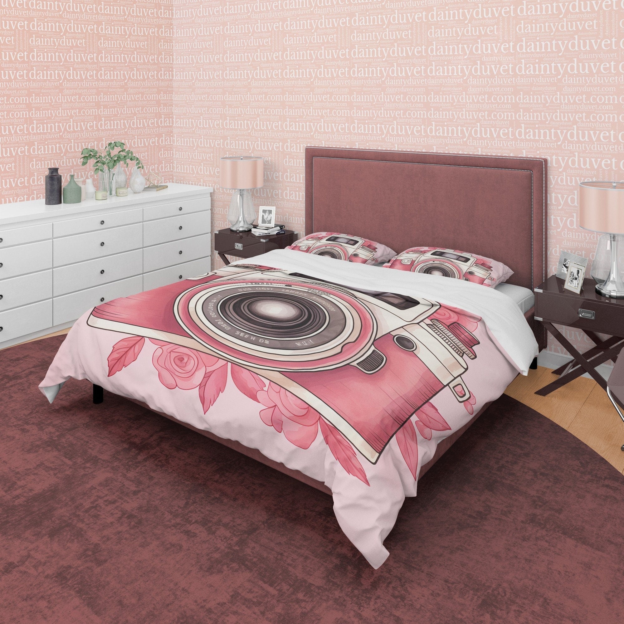 Pink Photography Pattern Duvet Cover, Girl Cute Bedroom Quilt Cover, Girly Photo Lover Bedding, Female Photographer Blanket Cover