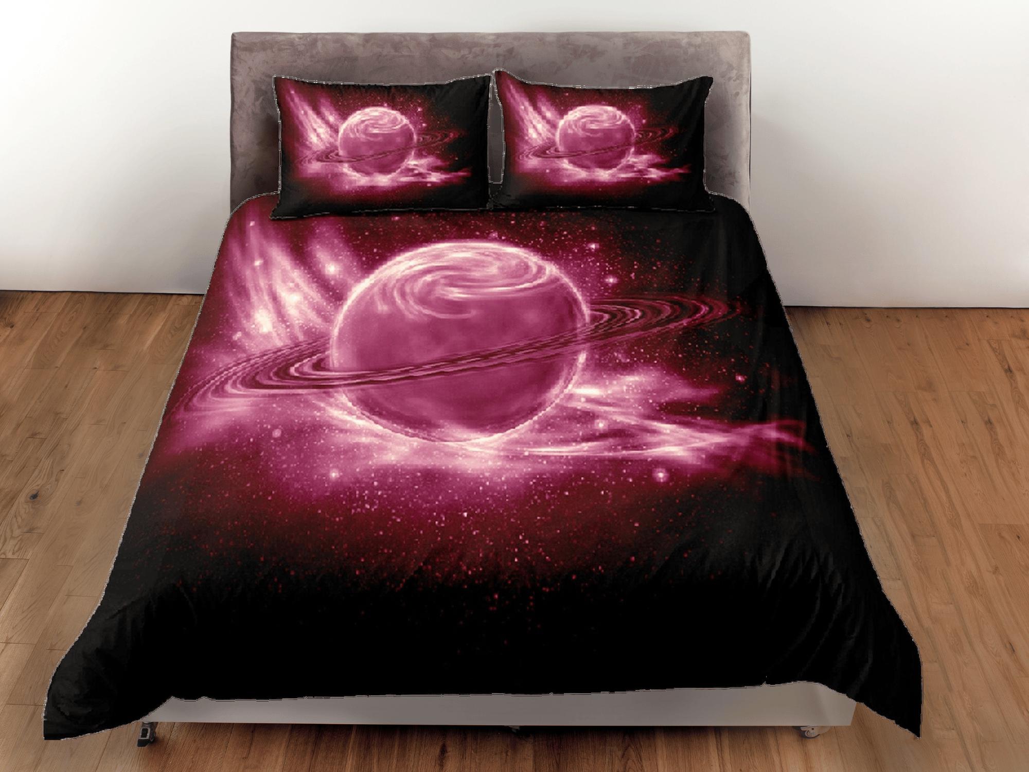 daintyduvet Pink planet duvet cover set, Saturn galaxy bedding, outer space bedding set full, duvet cover king, queen, dorm bedding, toddler bedding