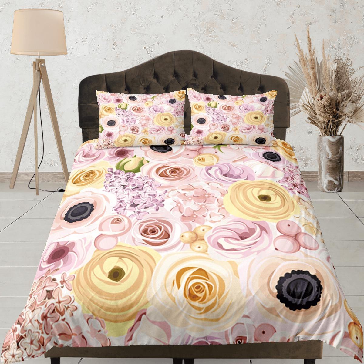daintyduvet Pink Roses Beige Duvet Cover Set Colorful Bedspread, Floral Dorm Bedding Pillowcase
