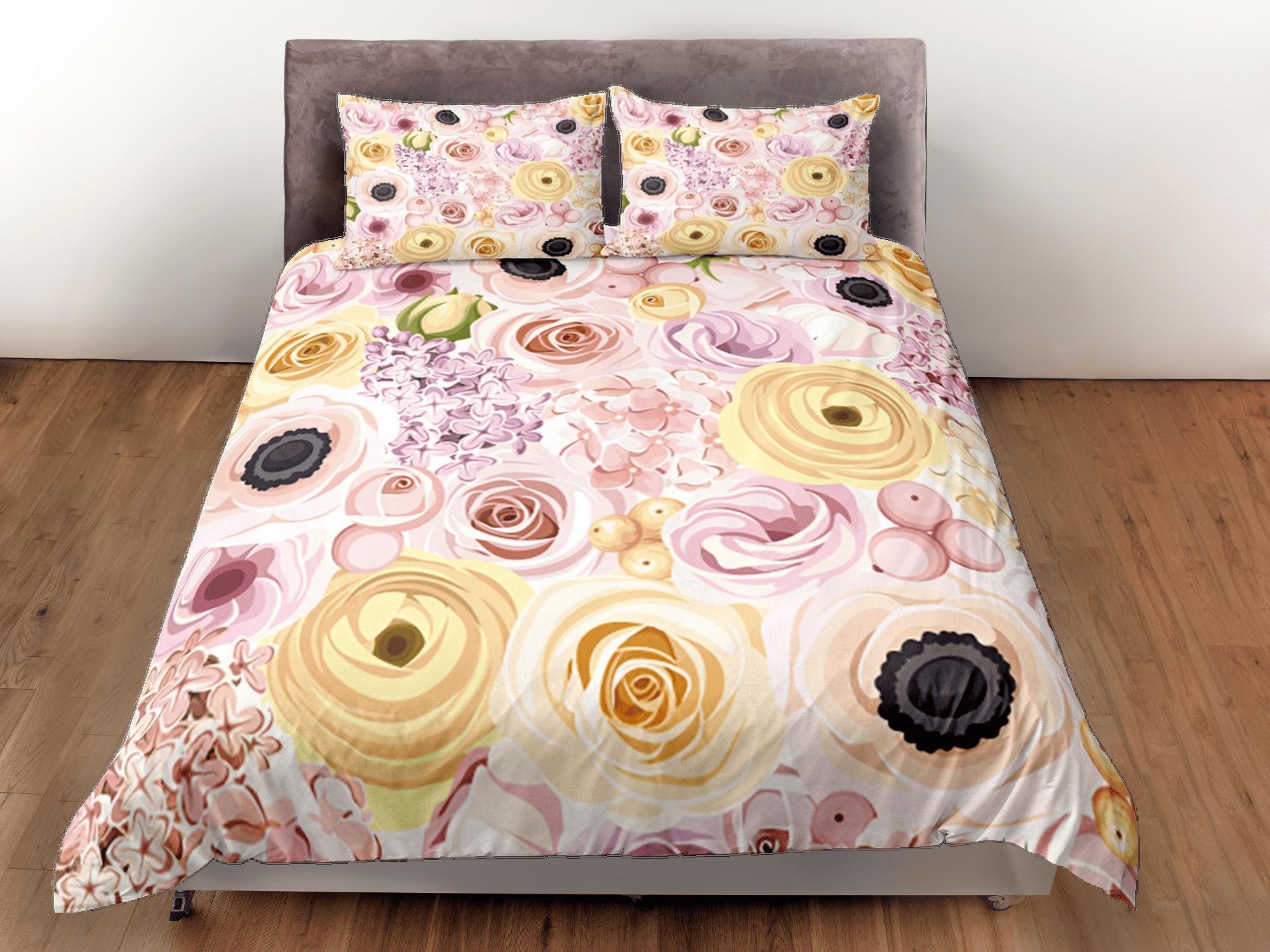 daintyduvet Pink Roses Beige Duvet Cover Set Colorful Bedspread, Floral Dorm Bedding Pillowcase