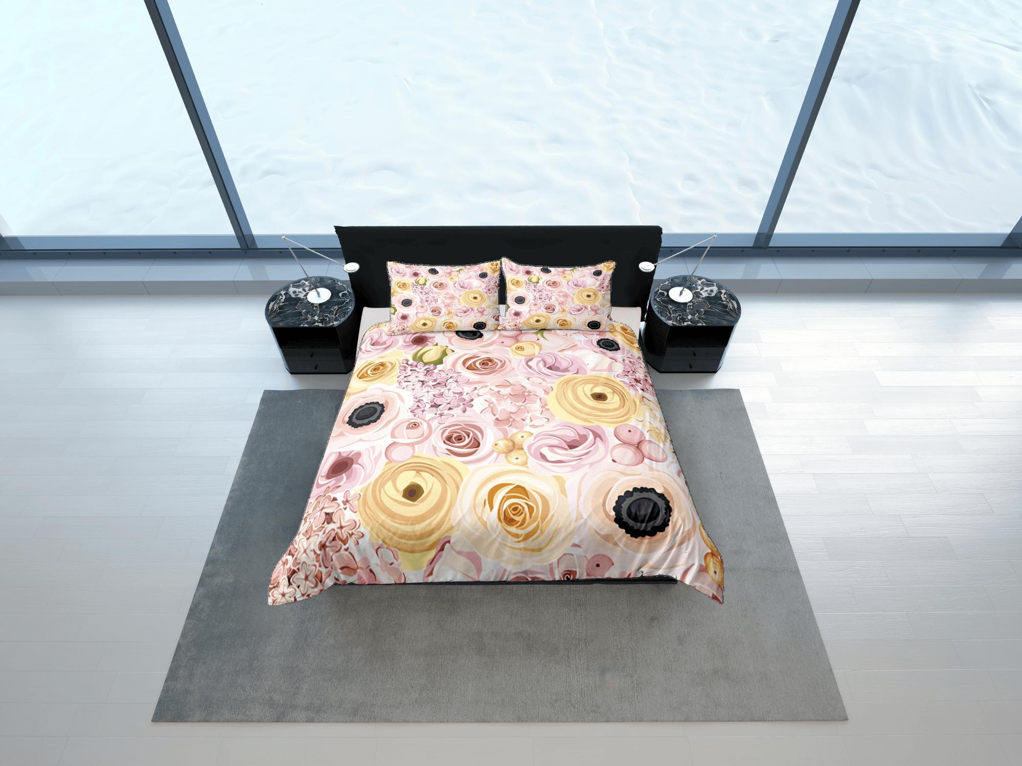 daintyduvet Pink Roses Beige Duvet Cover Set Colorful Bedspread, Floral Dorm Bedding Pillowcase