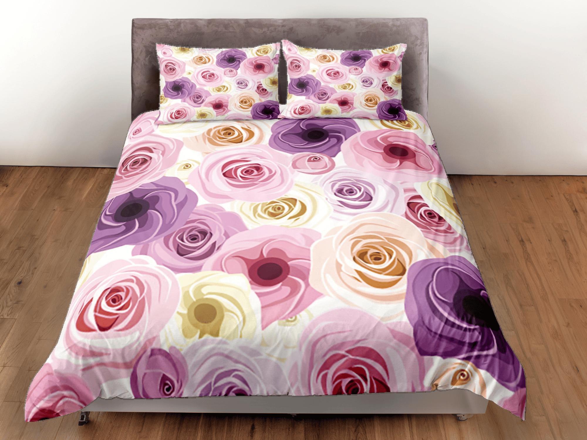 daintyduvet Pink Roses Duvet Cover Set Colorful Bedspread, Floral Girly Dorm Bedding Pillowcase