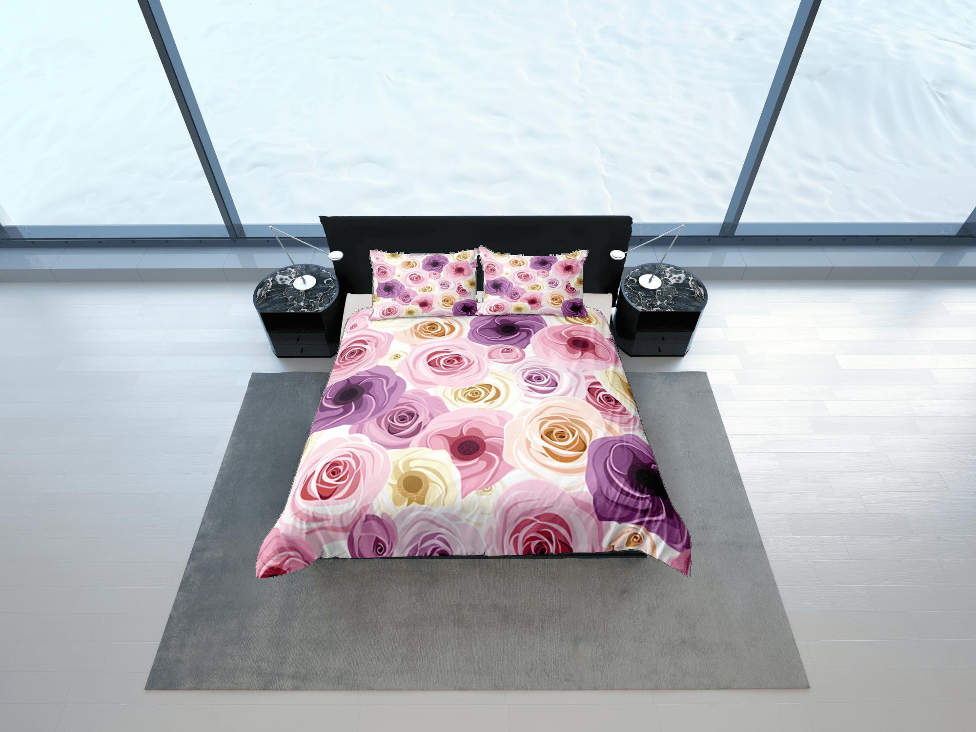 daintyduvet Pink Roses Duvet Cover Set Colorful Bedspread, Floral Girly Dorm Bedding Pillowcase