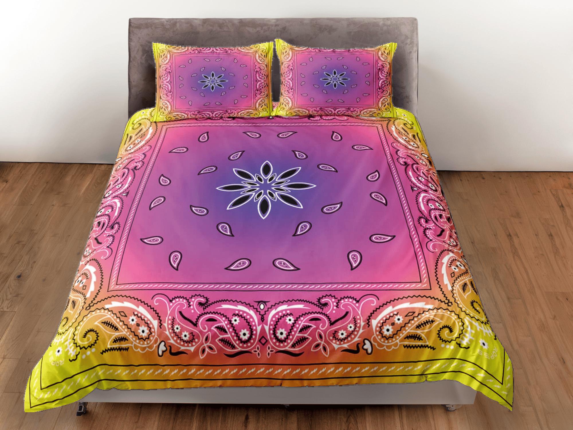 daintyduvet Pink yellow bandana paisley duvet cover set, aesthetic room decor bedding set full, king, queen size, abstract boho bedspread, luxury cover