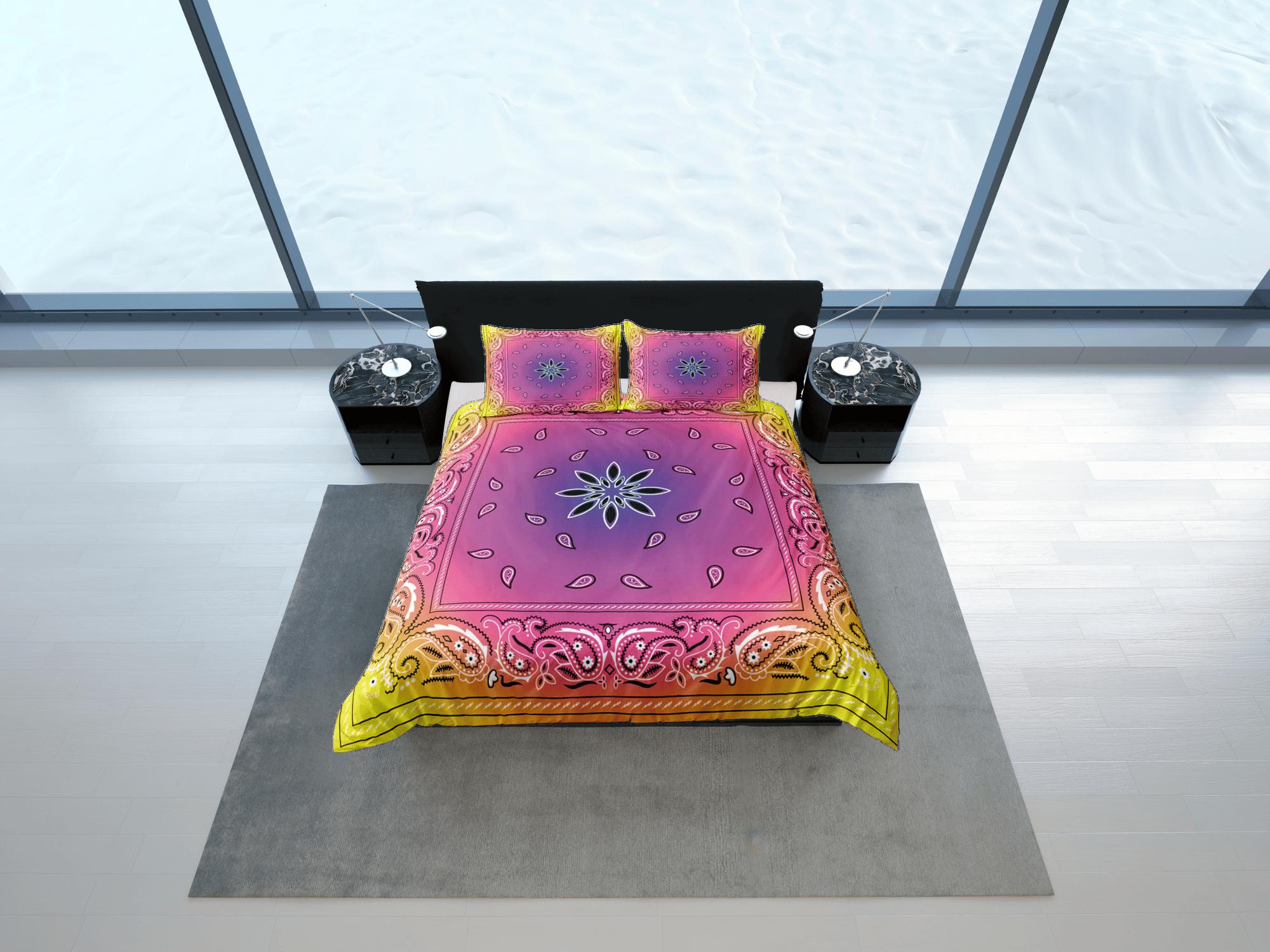 daintyduvet Pink yellow bandana paisley duvet cover set, aesthetic room decor bedding set full, king, queen size, abstract boho bedspread, luxury cover