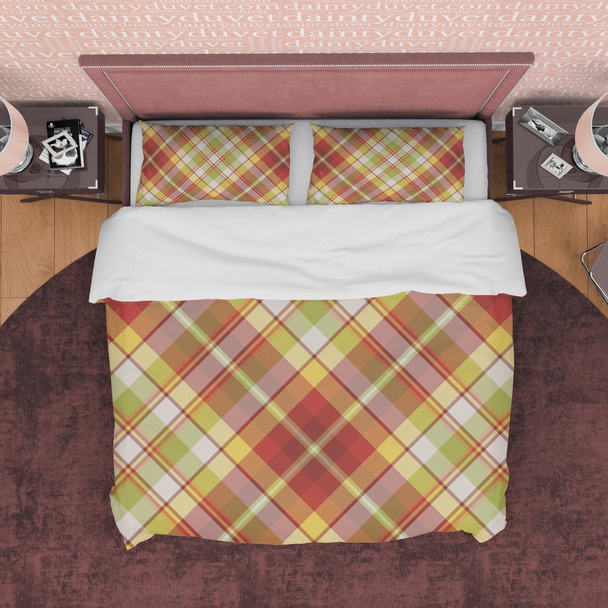 Plaid Bedding Green Red Checkered Duvet Cover, Modern Farmhouse Rustic Bedroom Set, Geometric Tartan Quilt Cover, Autumn Blanket Cover