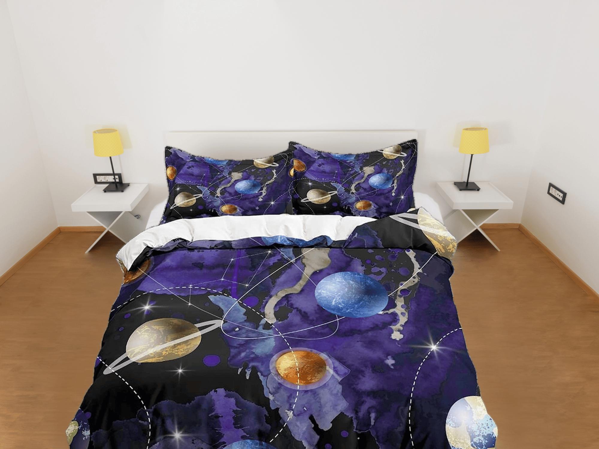daintyduvet Planets galaxy purple bedding, outer space bedding set full, cosmic duvet cover king, queen, dorm bedding, toddler bedding aesthetic duvet