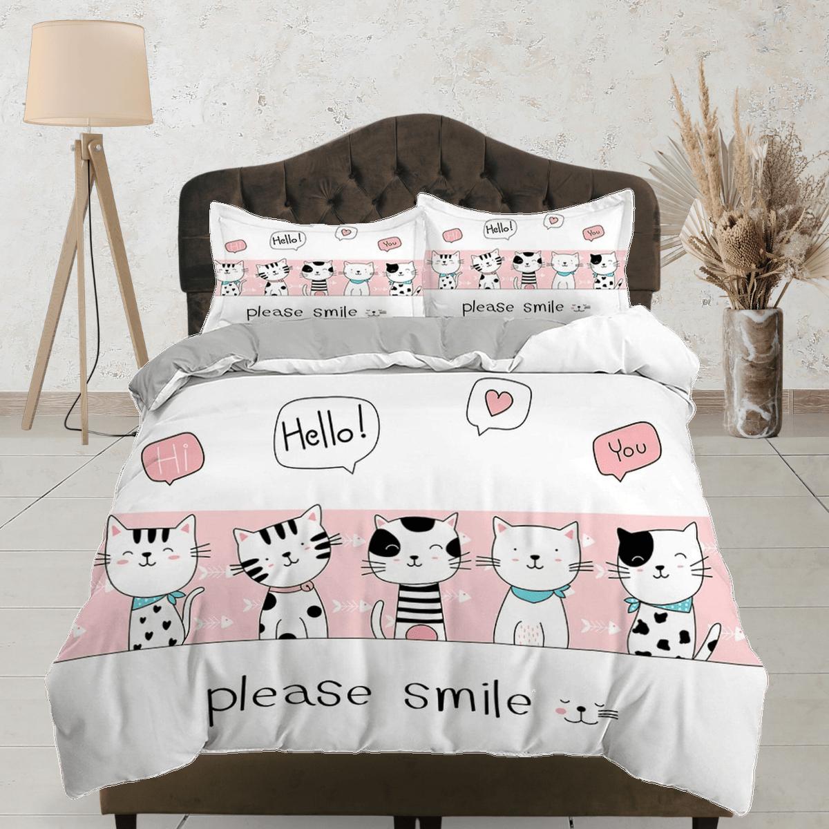 daintyduvet Please smile pink cat bedding, toddler bedding, kids duvet cover set, gift for cat lovers, baby bedding, baby shower gift