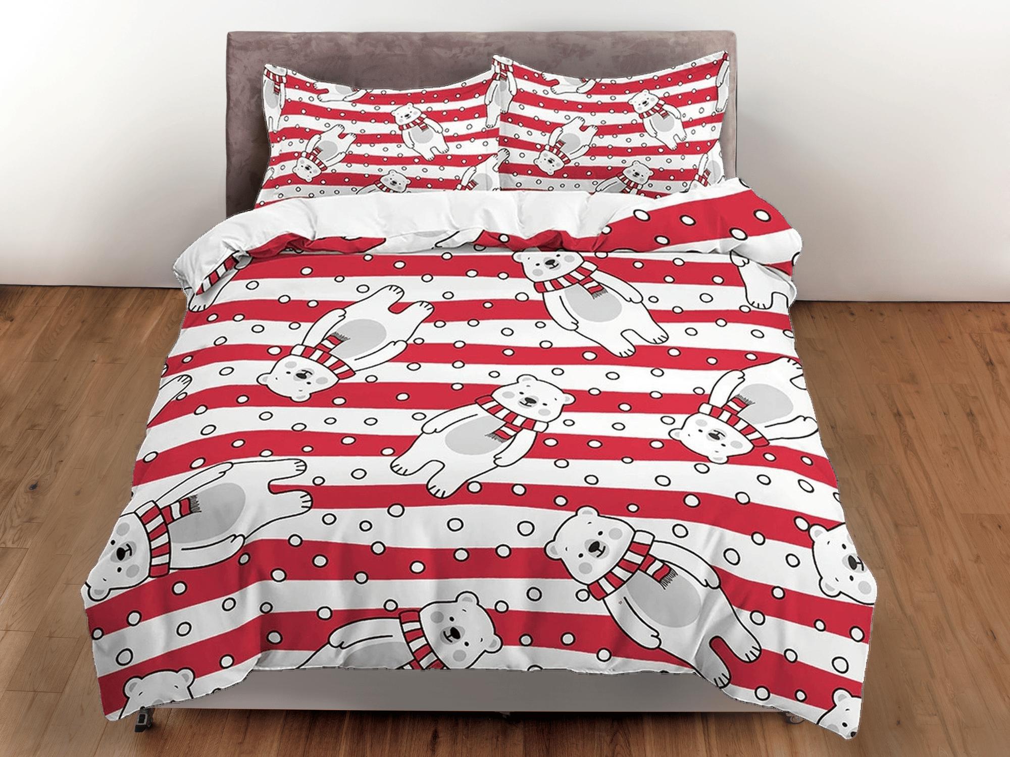 daintyduvet Polar bear in red stripes toddler bedding, duvet cover for nursery kids, crib bedding, baby zipper bedding, king queen full twin