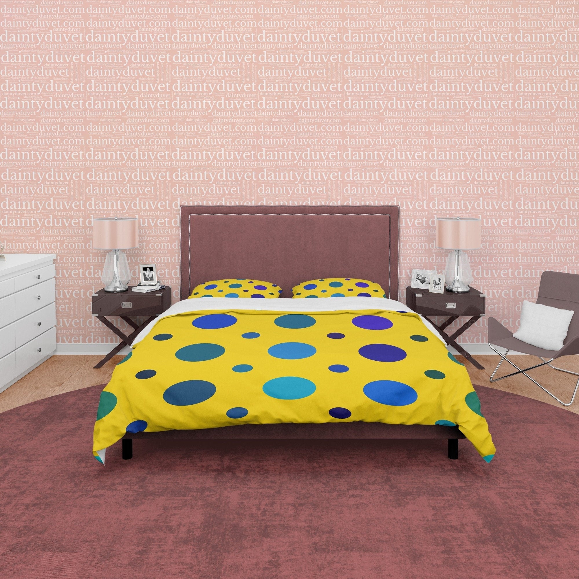 Polka Dot Duvet Cover Geometric Bedding, Blue Dotted Quilt Cover, Yellow Blanket Cover Mid Century Modern Bedroom Set, Colorful Bedspread