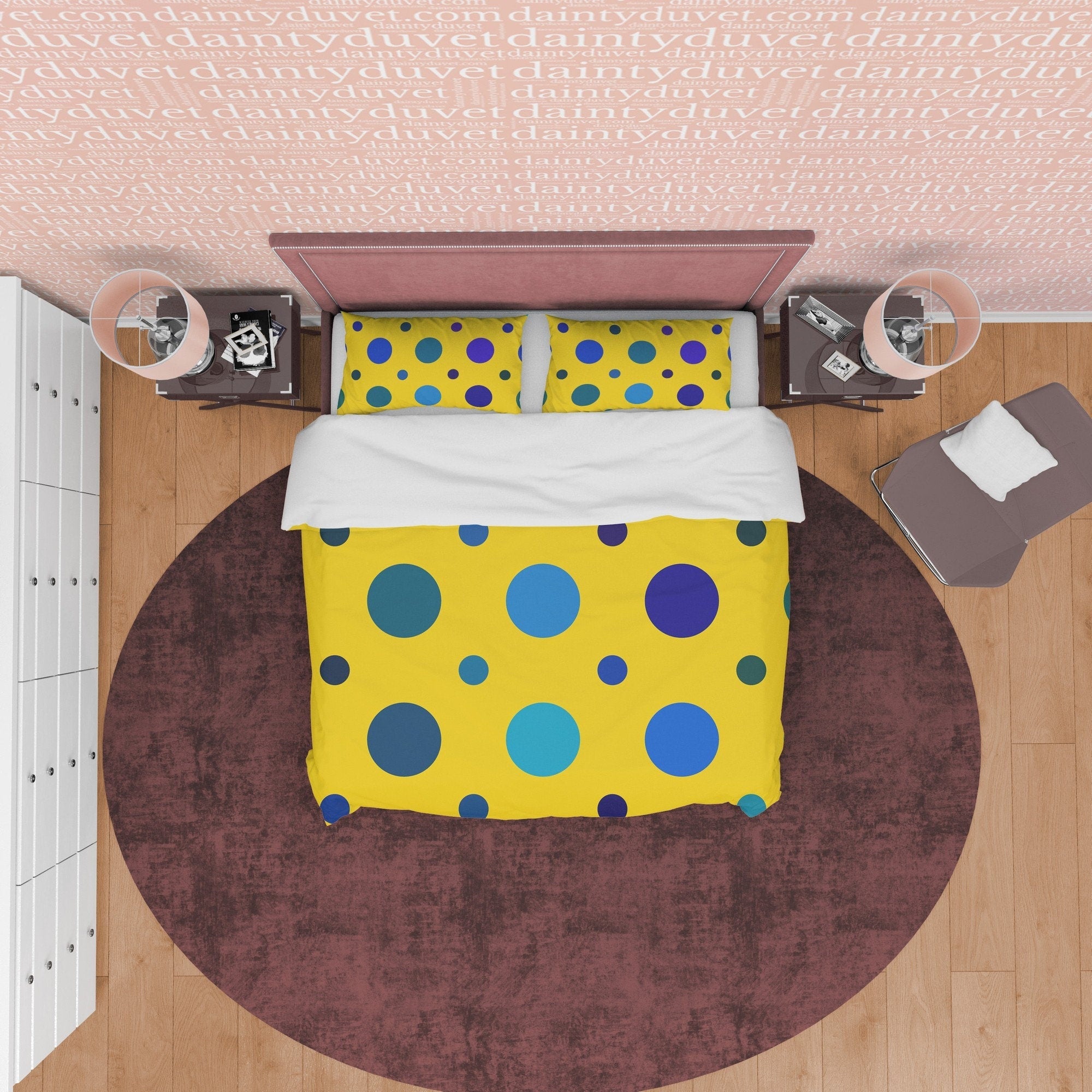 Polka Dot Duvet Cover Geometric Bedding, Blue Dotted Quilt Cover, Yellow Blanket Cover Mid Century Modern Bedroom Set, Colorful Bedspread