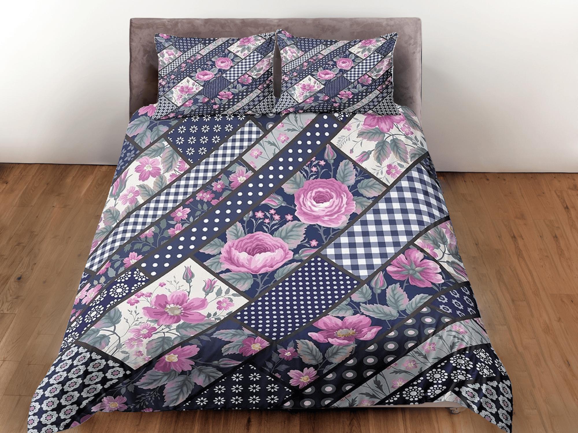 daintyduvet Polkadot pink floral patchwork quilt printed duvet cover set, aesthetic decor bedding set full, king, queen size, boho bedspread shabby chic