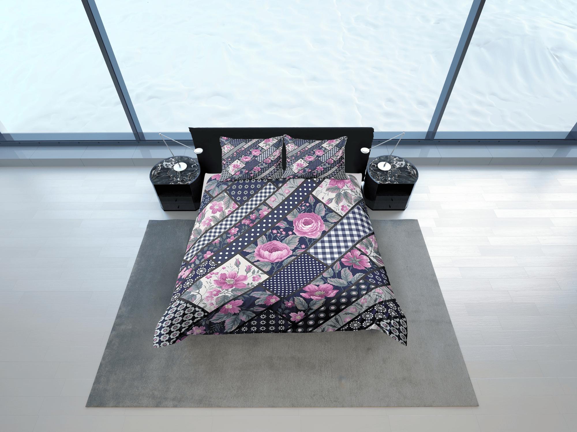 daintyduvet Polkadot pink floral patchwork quilt printed duvet cover set, aesthetic decor bedding set full, king, queen size, boho bedspread shabby chic