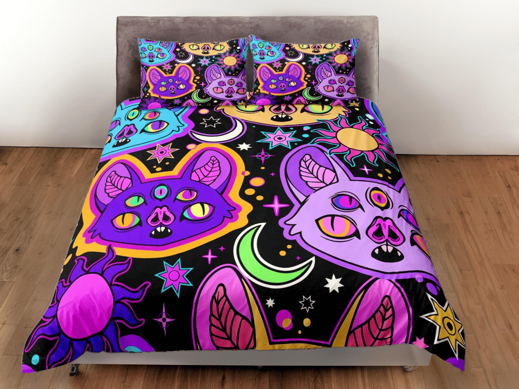 daintyduvet Psychedelic bats 90s neon halloween bedding hippie retro duvet cover set, colorful dorm bedding, teens bedroom, adult duvet, toddler bedding