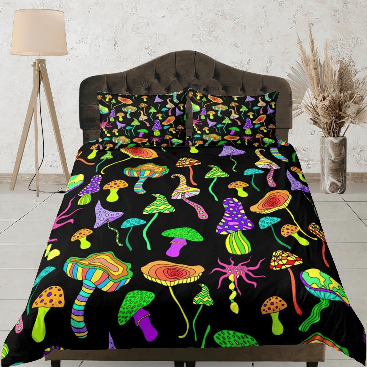 daintyduvet Psychedelic mushroom black duvet cover hippie bedding set full, queen, king, preppy dorm bedding, indie room decor, aesthetic bedspread y2k