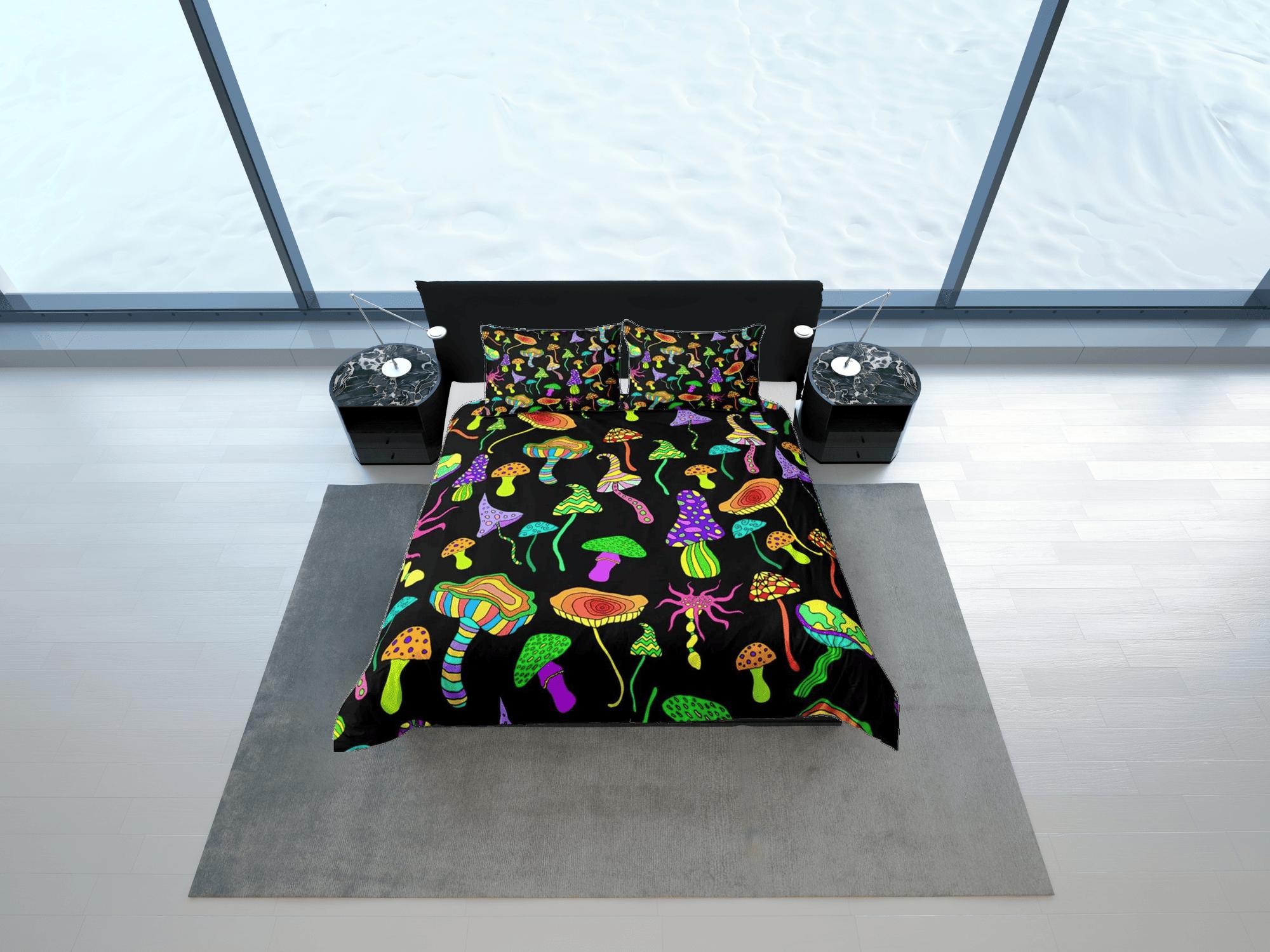 daintyduvet Psychedelic mushroom black duvet cover hippie bedding set full, queen, king, preppy dorm bedding, indie room decor, aesthetic bedspread y2k