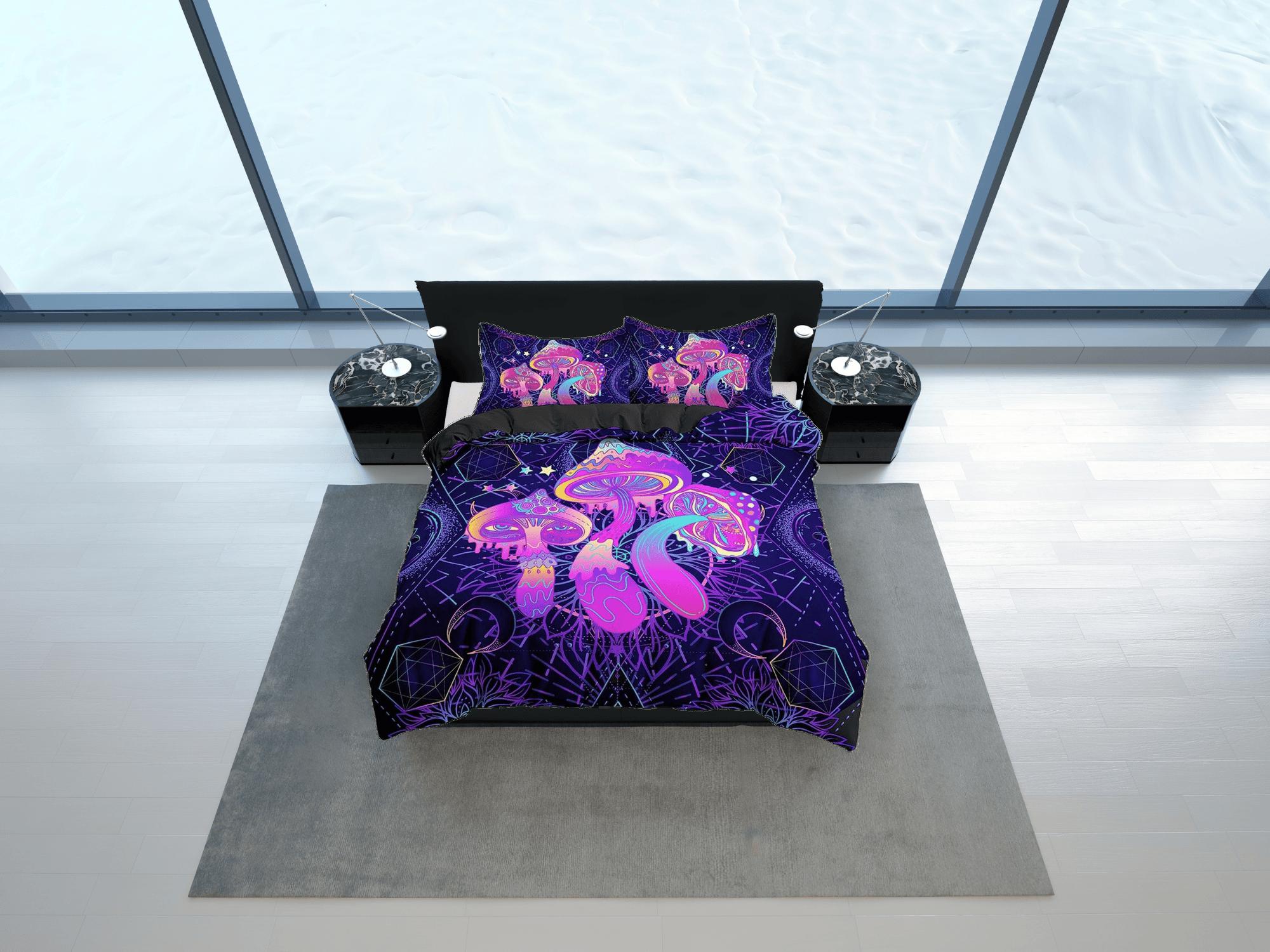 daintyduvet Psychedelic pink mushroom cosmic duvet cover hippie bedding set full, preppy dorm bedding, indie room decor, aesthetic bedspread y2k