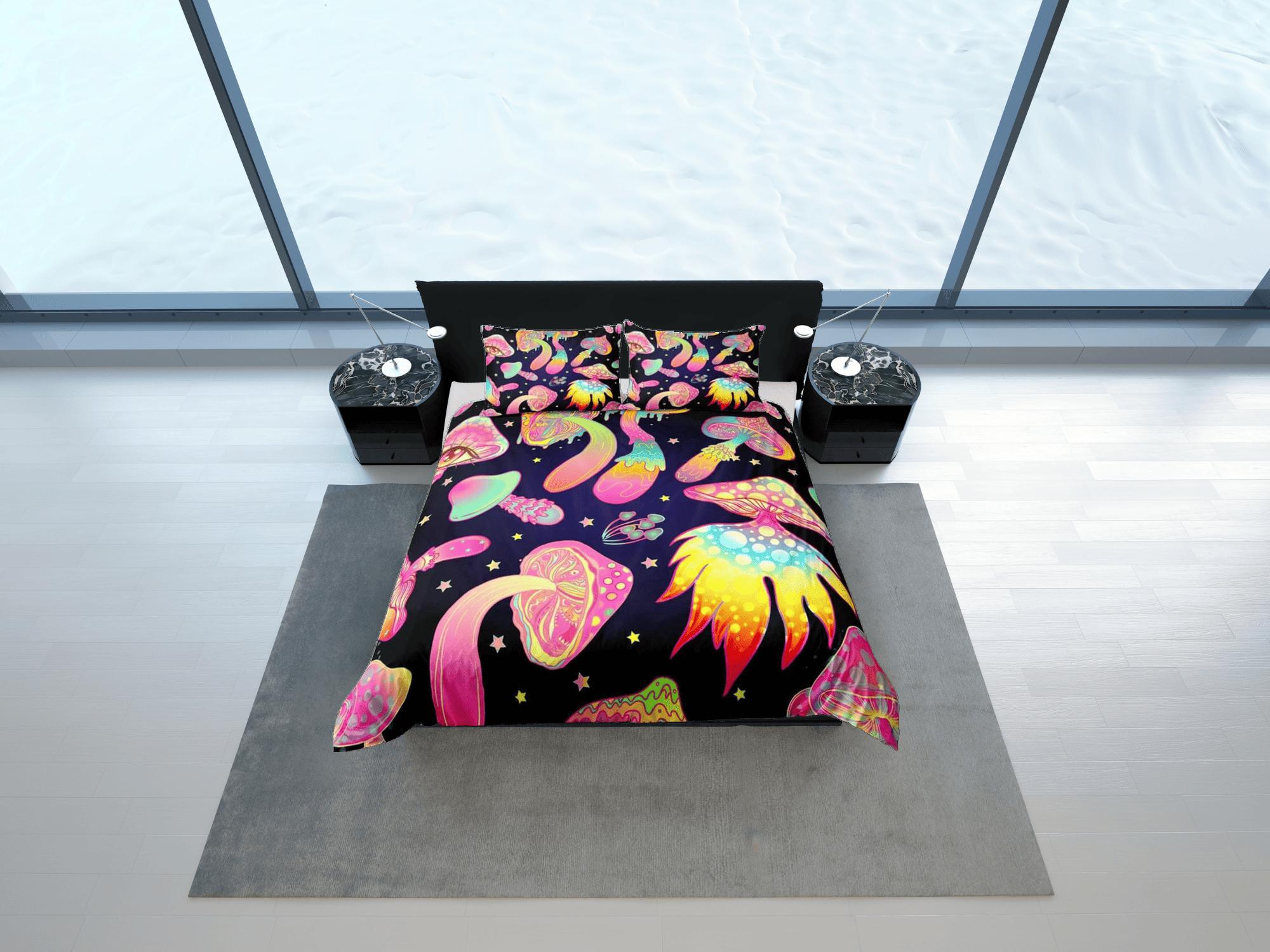daintyduvet Psychedelic pink mushrooms duvet cover hippie bedding set full, queen, king, preppy dorm bedding, indie room decor, aesthetic bedspread y2k