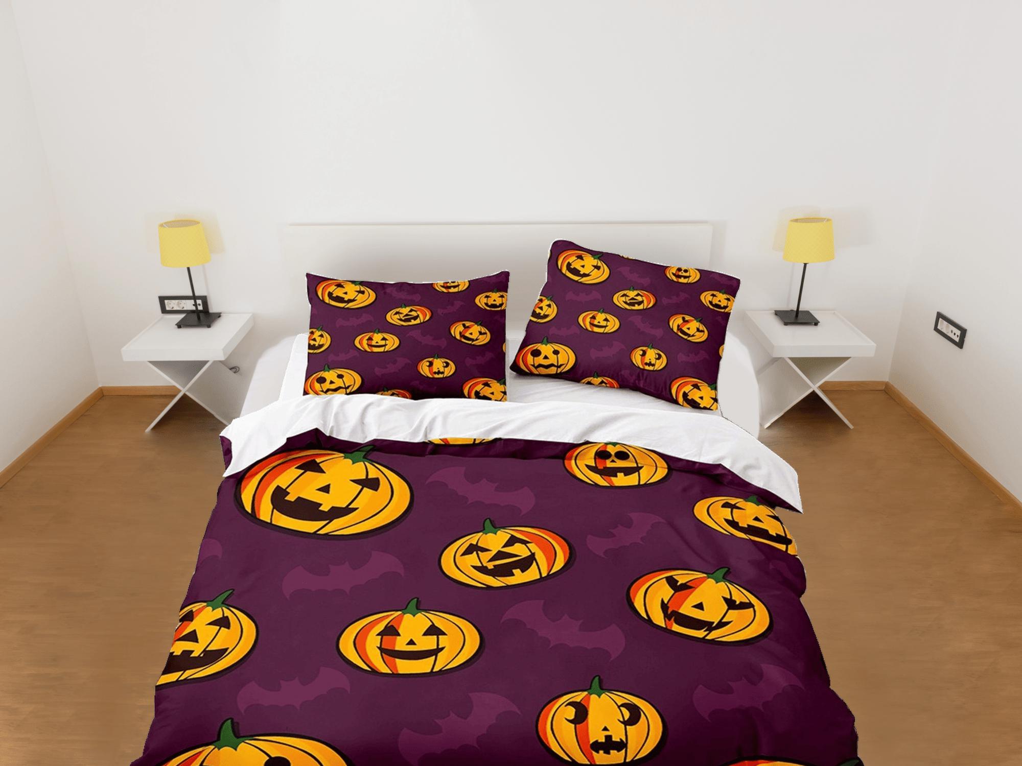 daintyduvet Pumpkin and bat halloween bedding & pillowcase, violet duvet cover set dorm bedding, halloween decor, nursery toddler bedding halloween gift