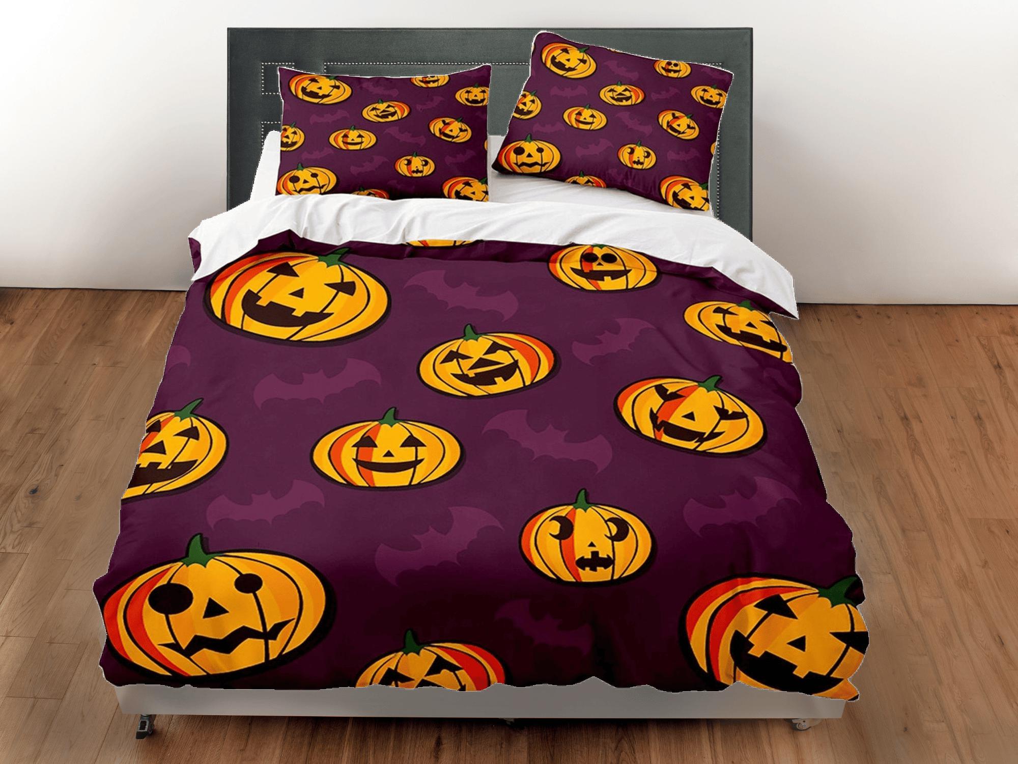 daintyduvet Pumpkin and bat halloween bedding & pillowcase, violet duvet cover set dorm bedding, halloween decor, nursery toddler bedding halloween gift